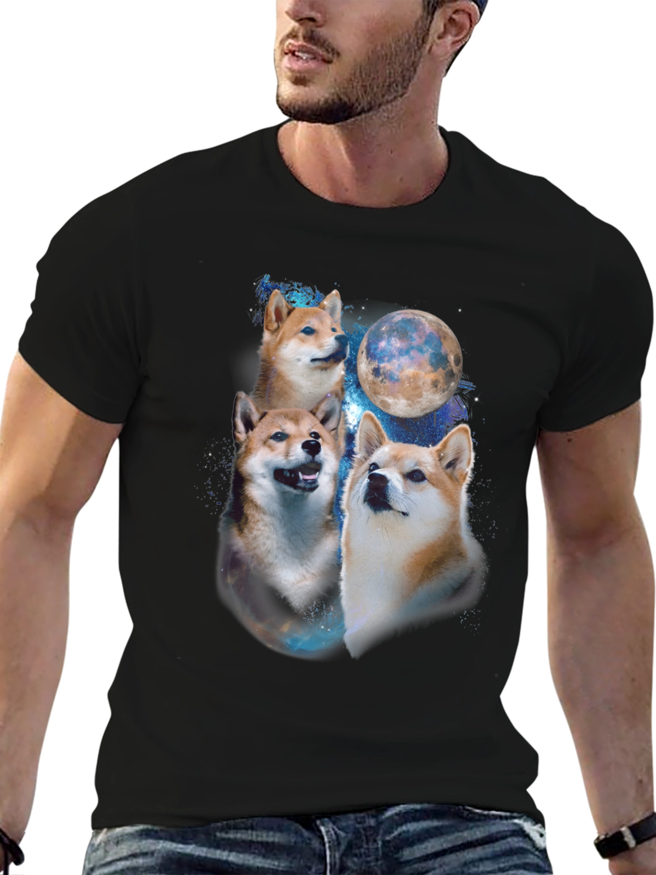 Shiba Inu Dog Moon Graphic Black T-Shirt