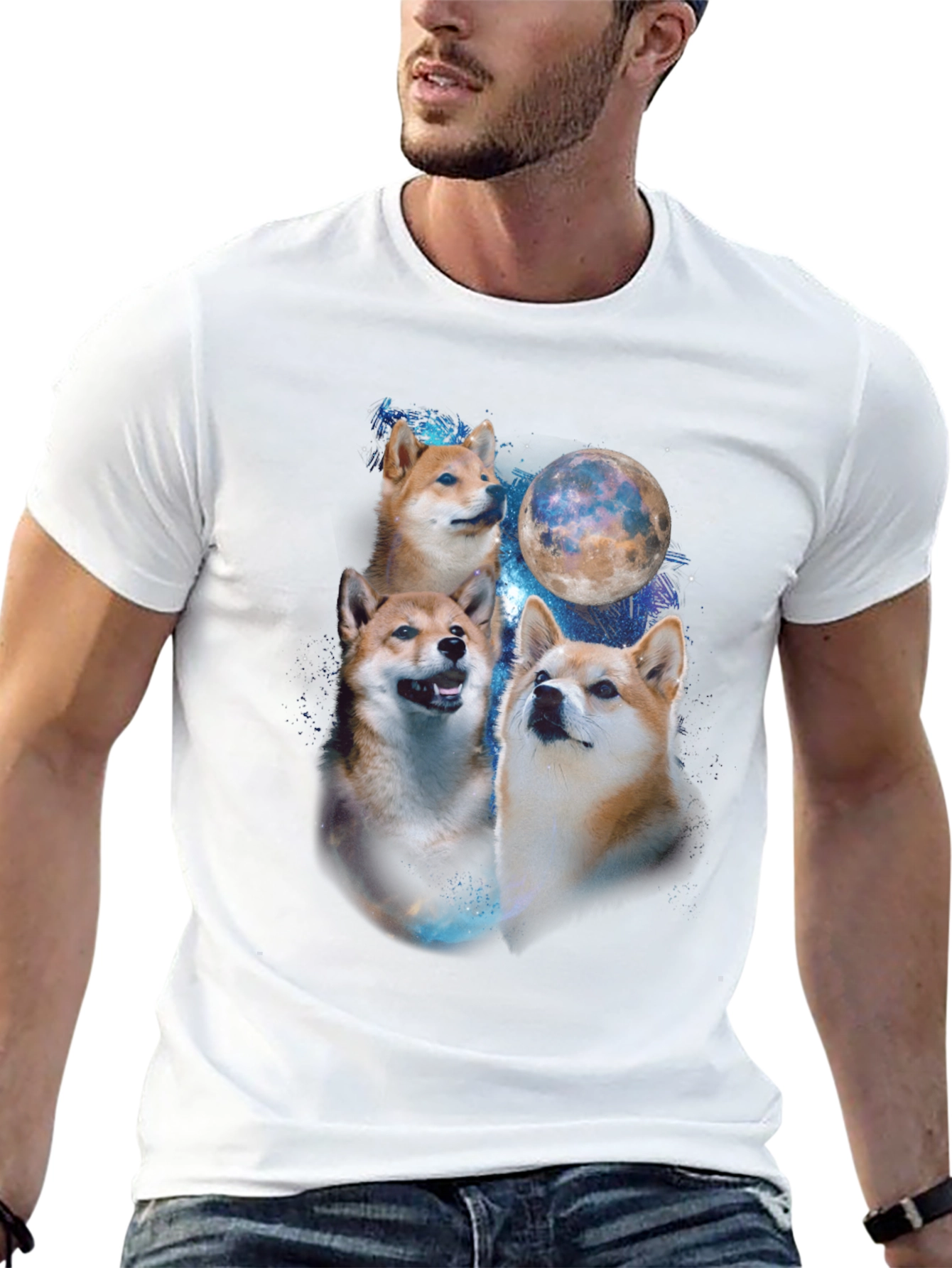 Shiba Inu Dog Moon Graphic Black T-Shirt