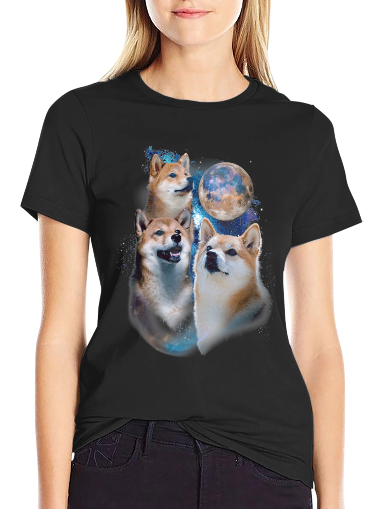 Shiba Inu Dog Moon Graphic Black T-Shirt
