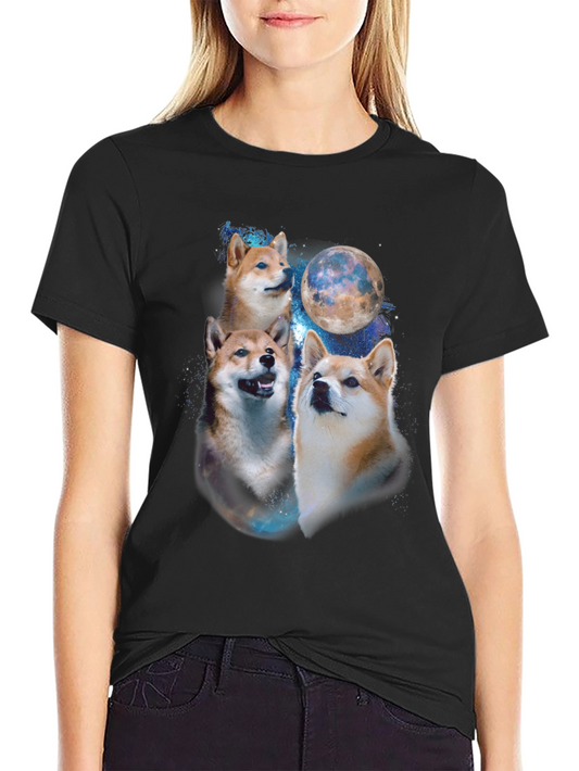 Shiba Inu Dog Moon Graphic Black T-Shirt