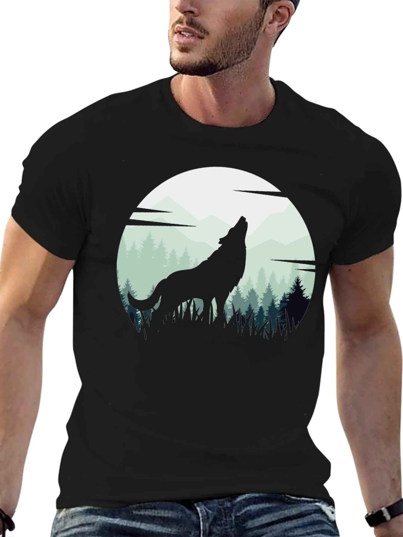 Wolf Howling at Moon T-Shirt - Black