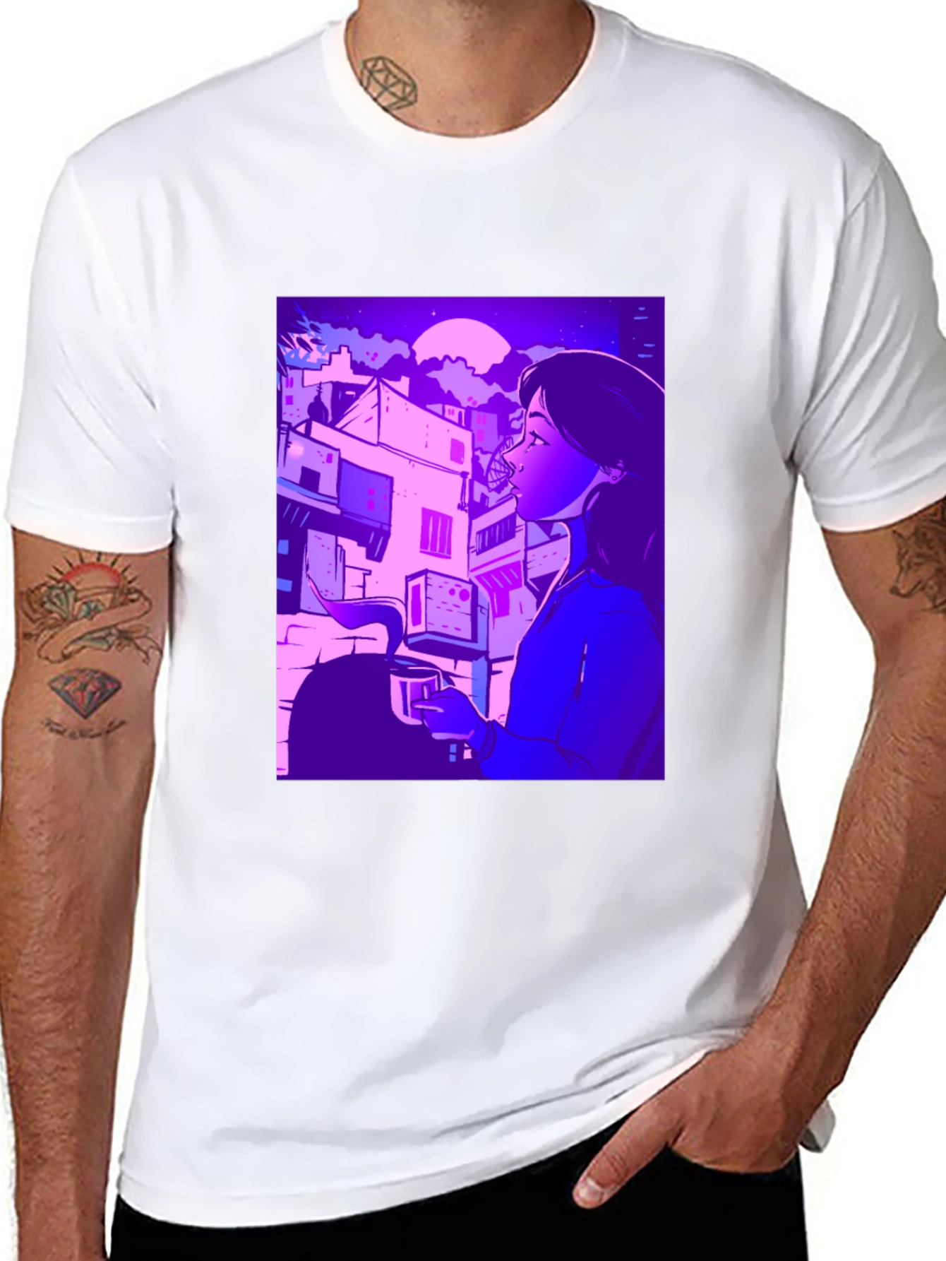Artistic Urban Nightscape T-Shirt - Black