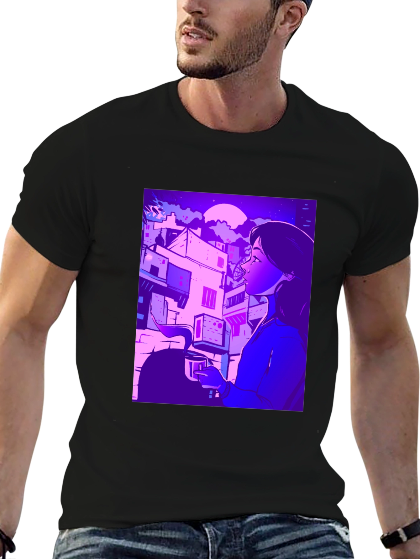 Artistic Urban Nightscape T-Shirt - Black
