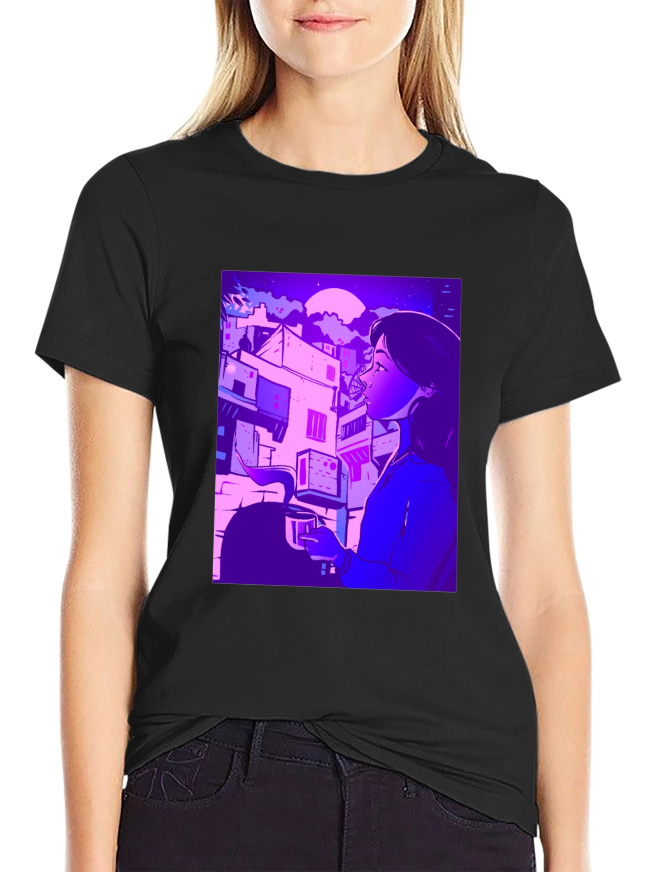 Artistic Urban Nightscape T-Shirt - Black