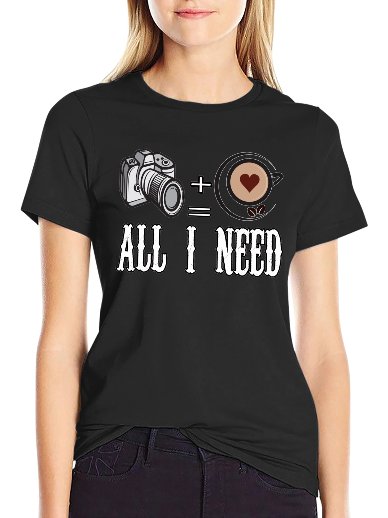 Camera + Coffee = All I Need Black T-Shirt
