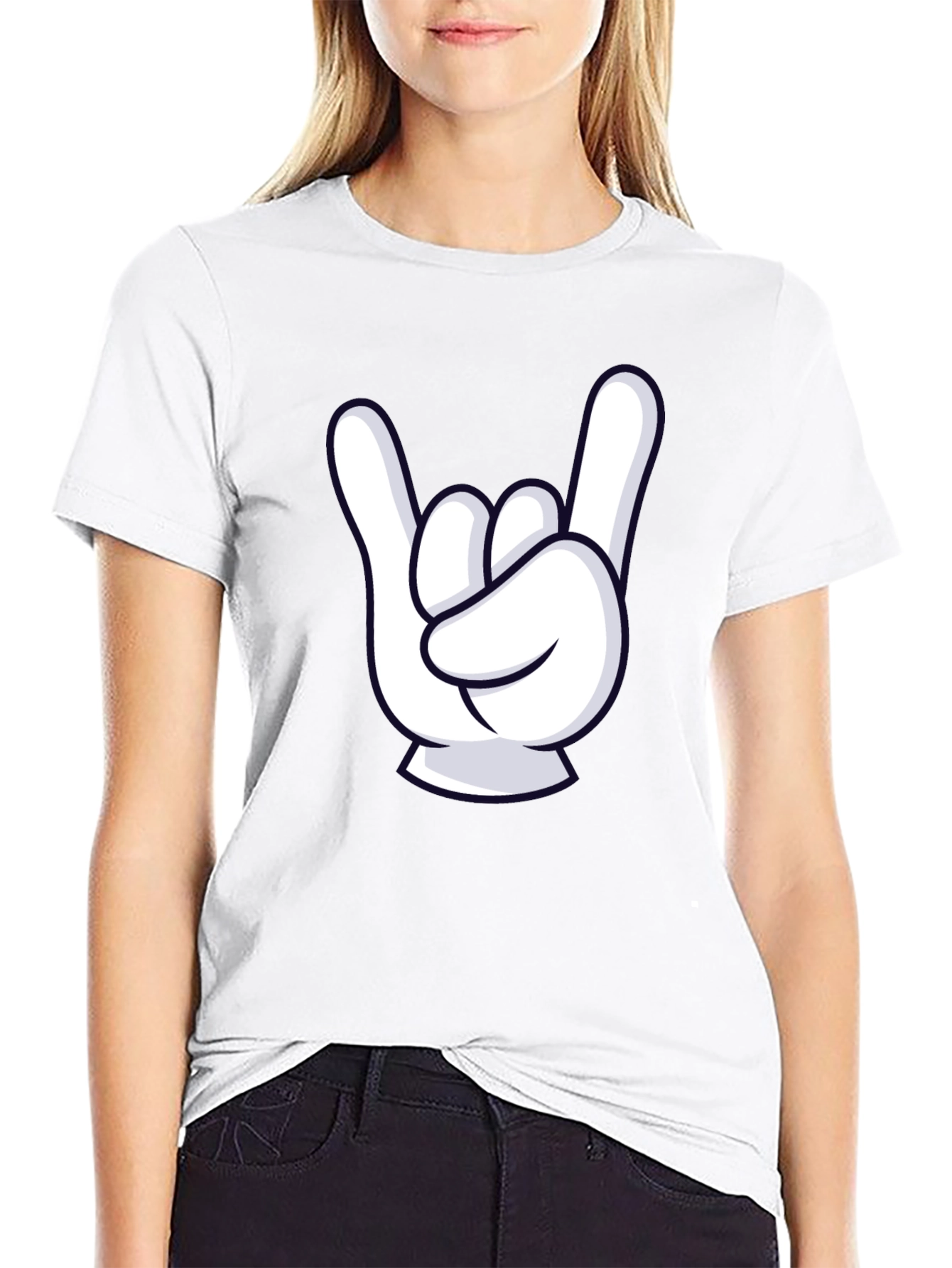 Rock On Cartoon Hand Black T-Shirt
