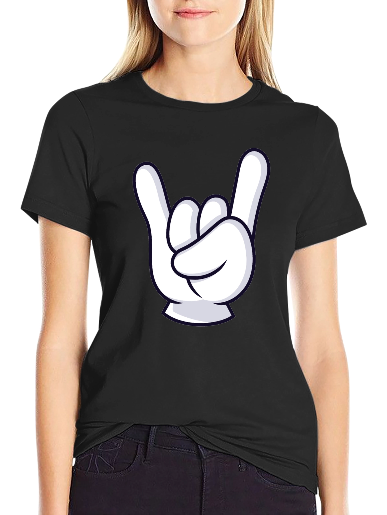 Rock On Cartoon Hand Black T-Shirt