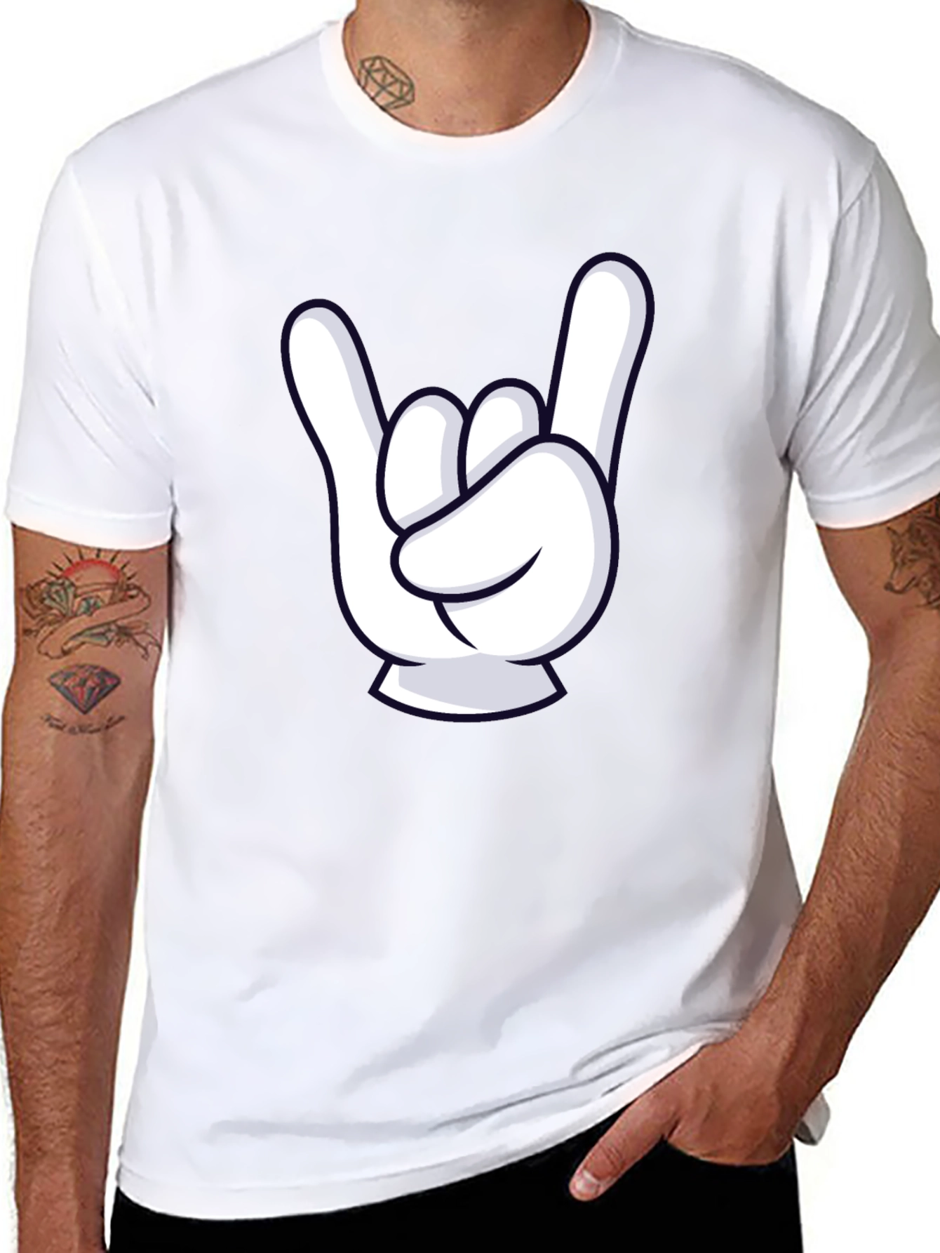 Rock On Cartoon Hand Black T-Shirt