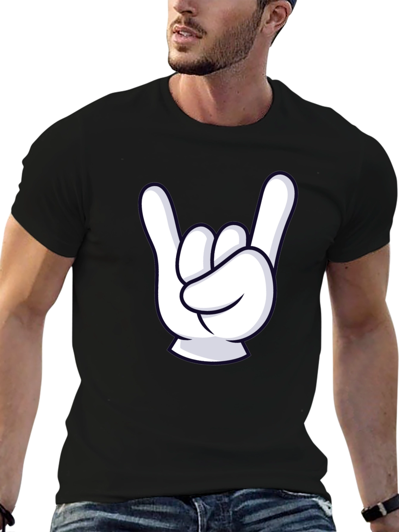 Rock On Cartoon Hand Black T-Shirt