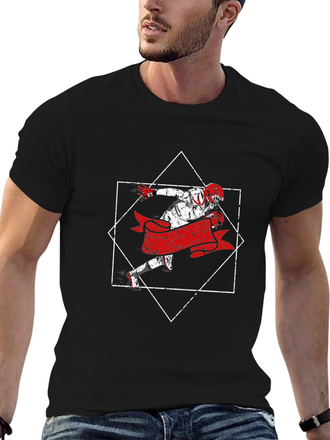 Football Player Graphic Tee - Black Cotton