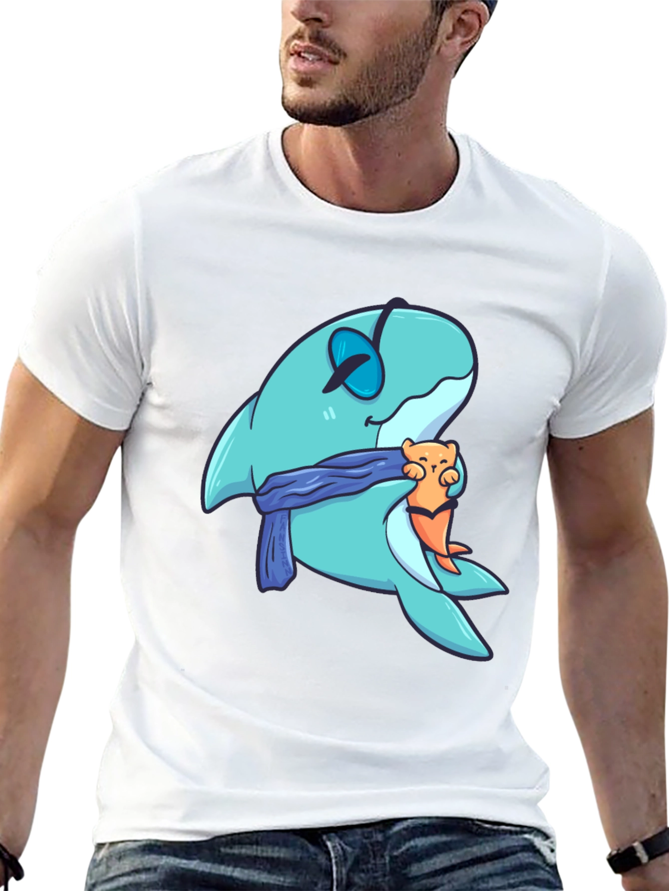 Cartoon Shark & Otter Graphic T-Shirt