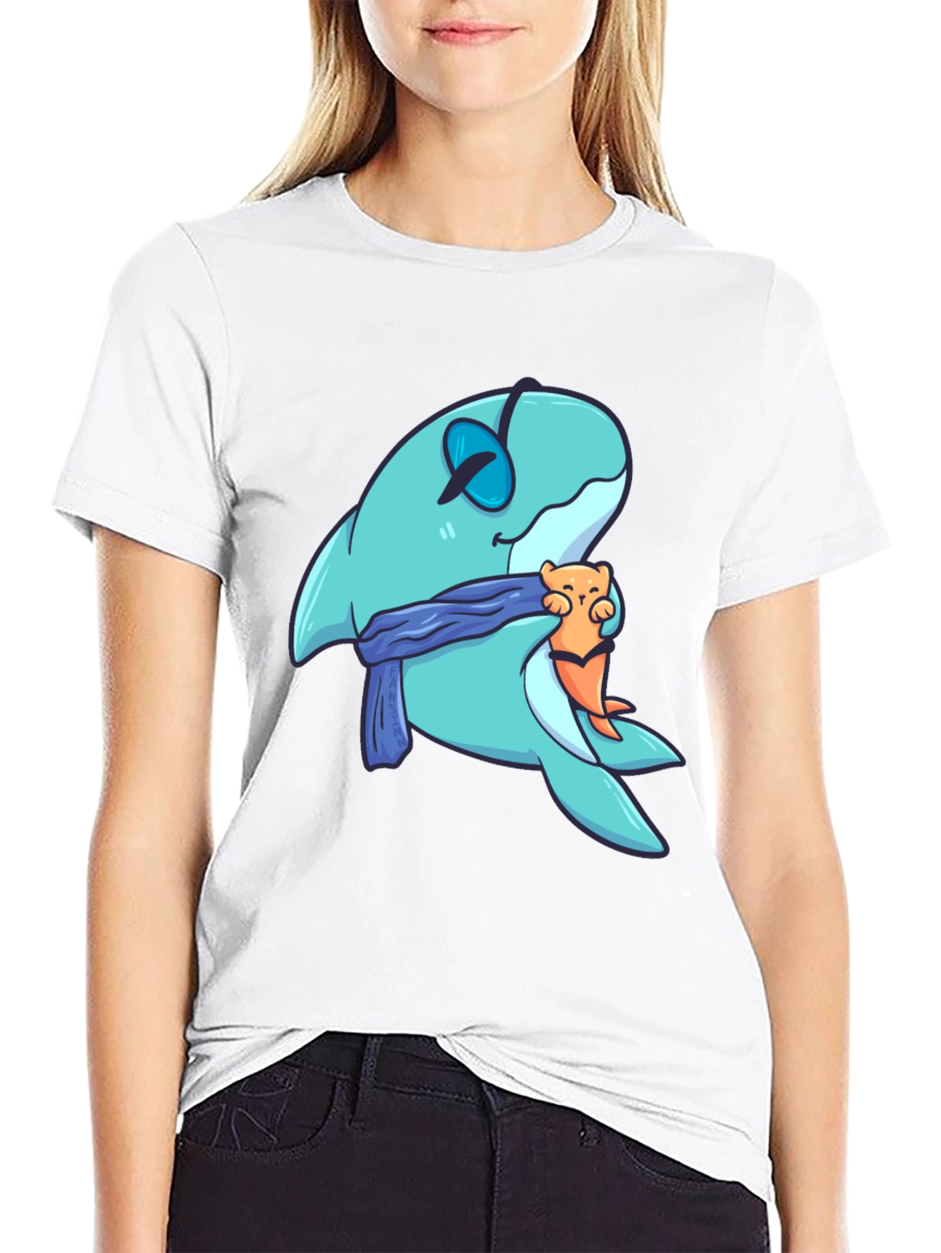 Cartoon Shark & Otter Graphic T-Shirt