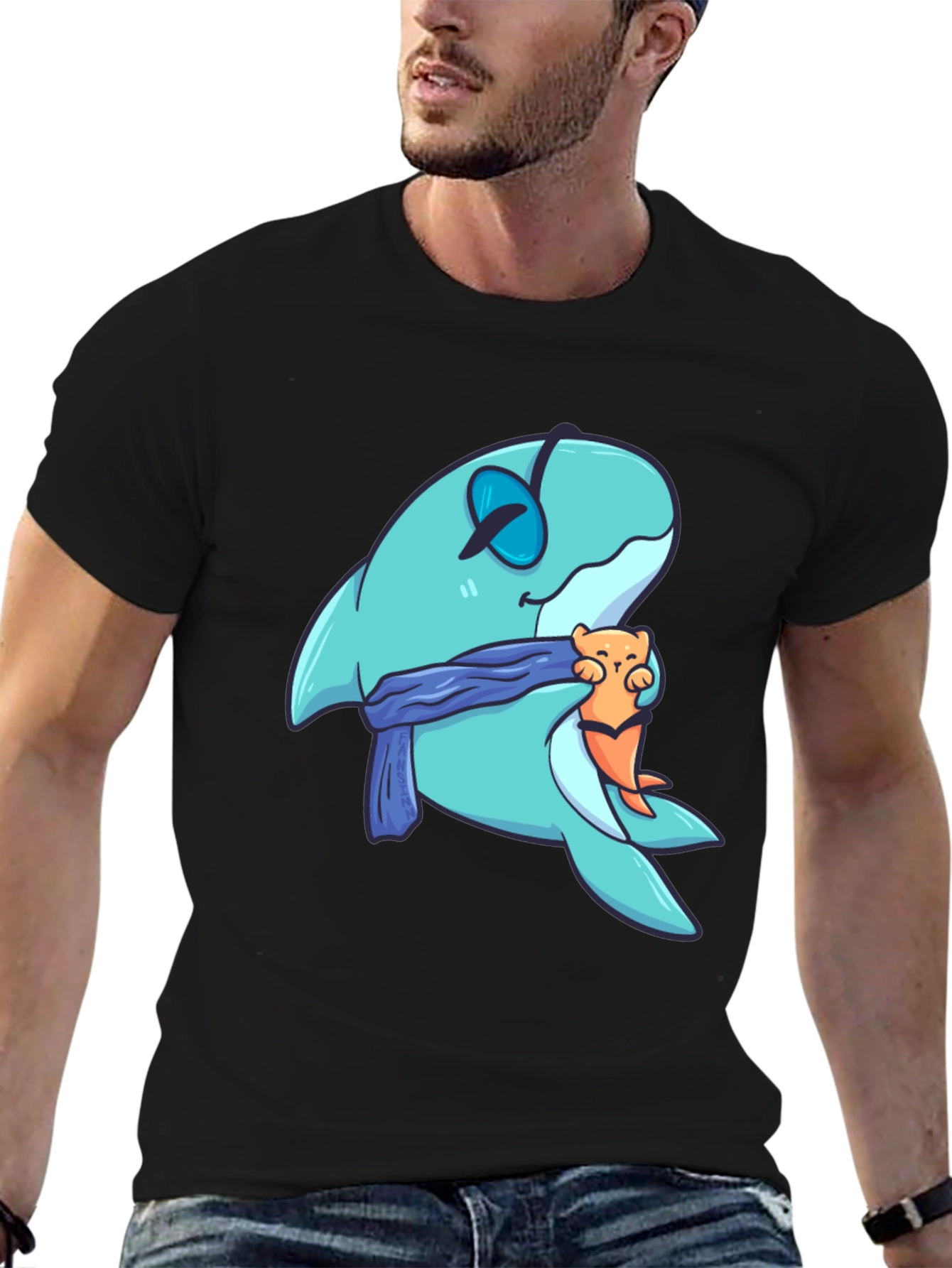 Cartoon Shark & Otter Graphic T-Shirt