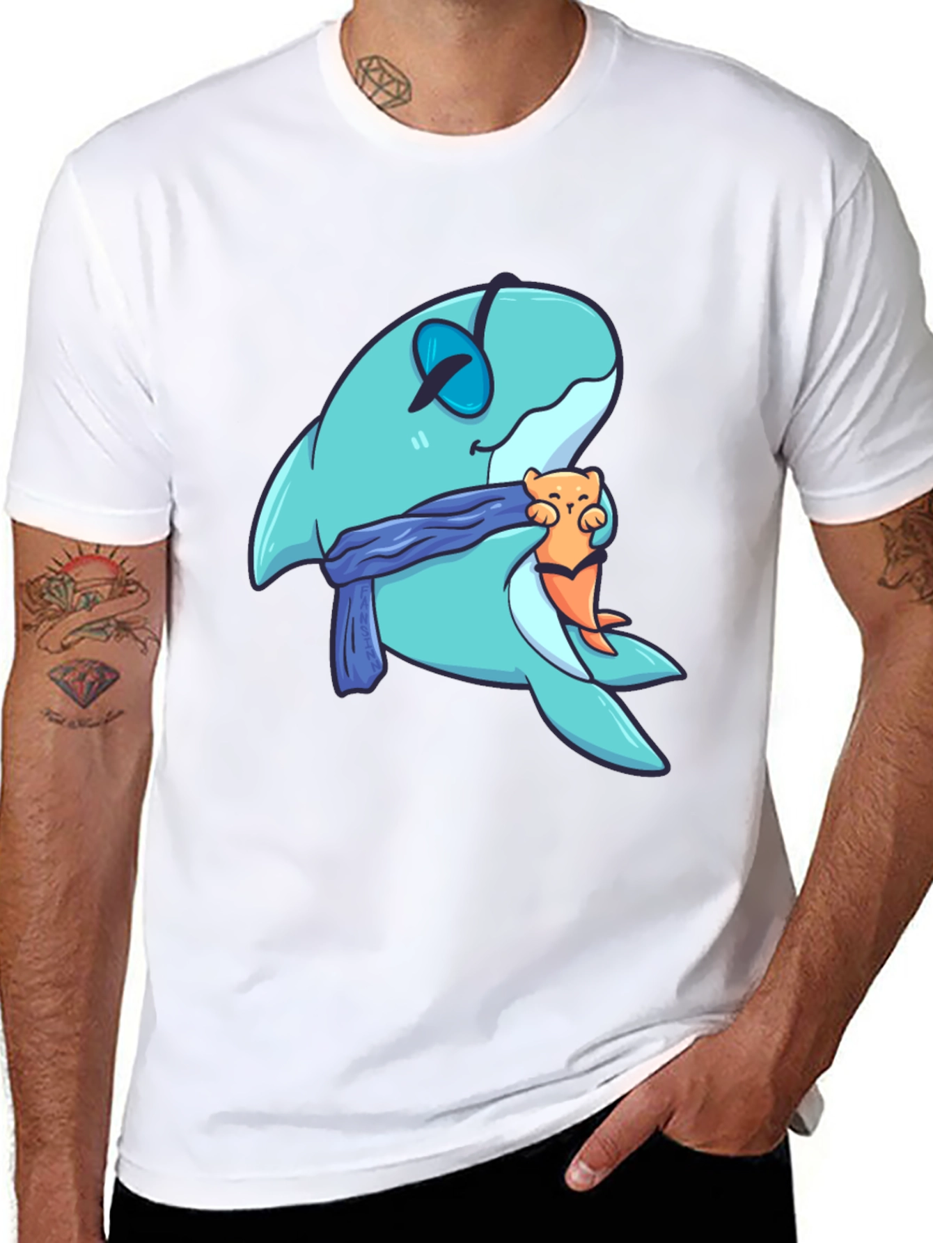 Cartoon Shark & Otter Graphic T-Shirt