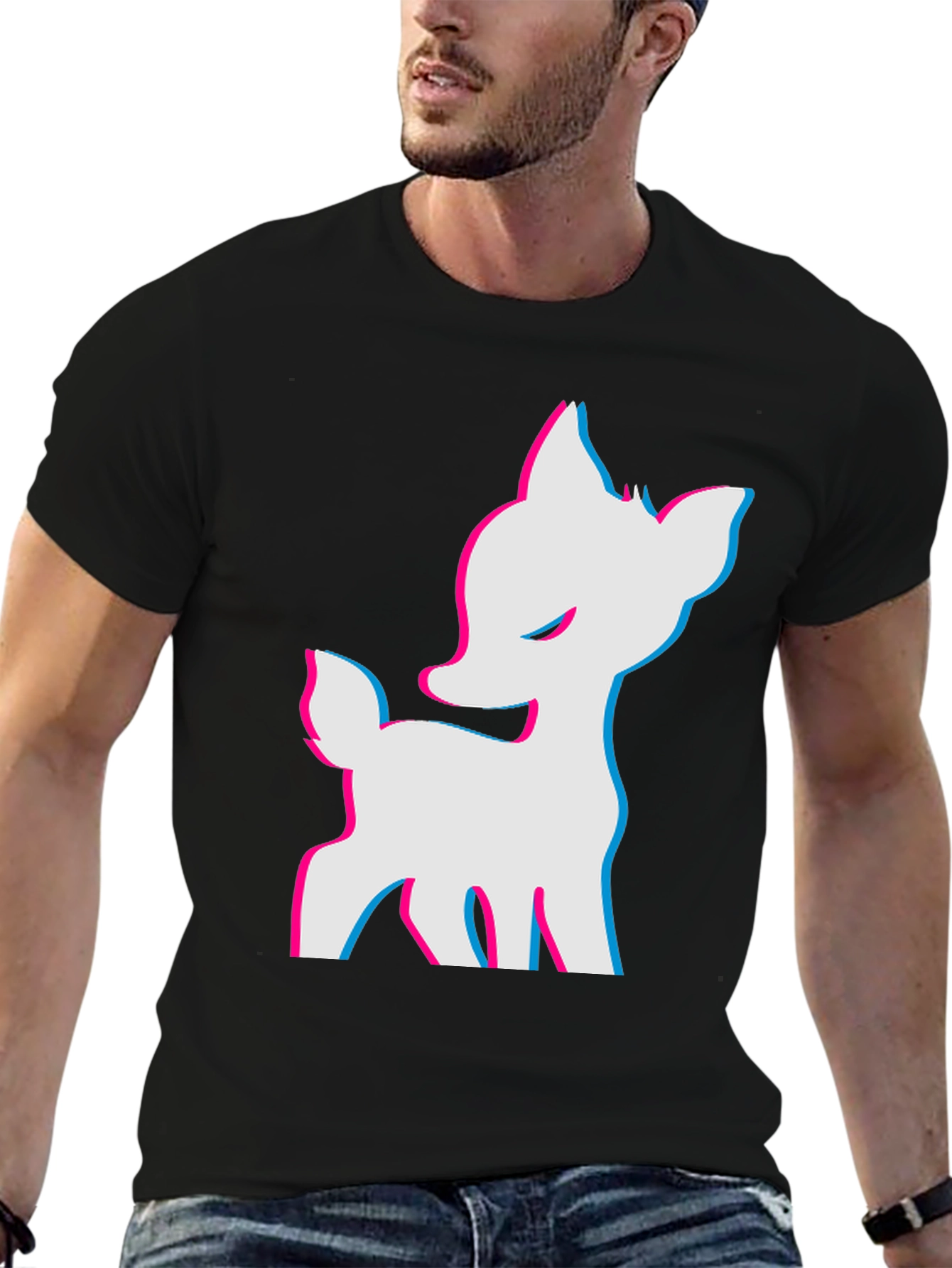 Cool 3D Deer Graphic Black T-Shirt