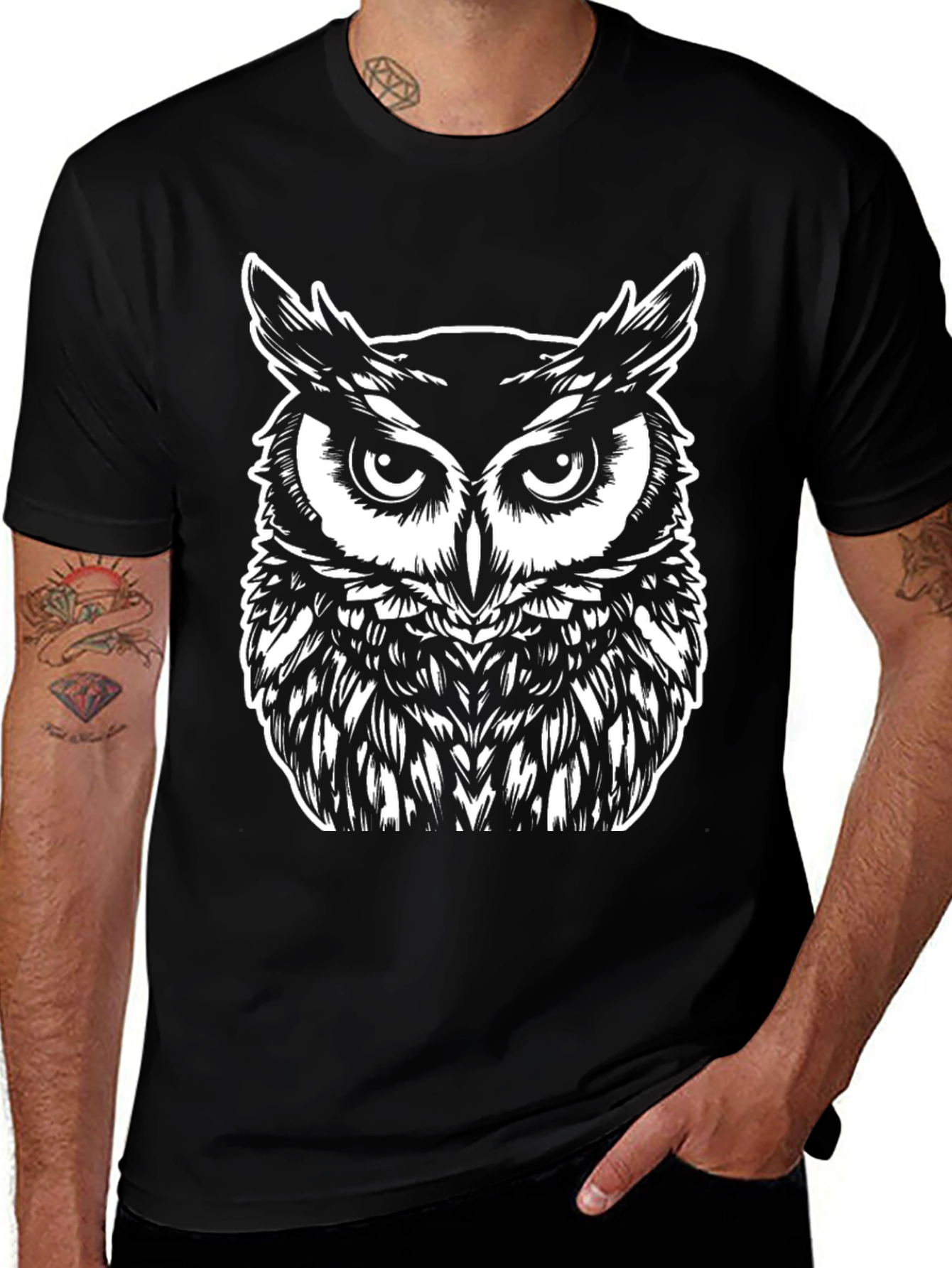 Owl Graphic Tee - Black Cotton T-Shirt