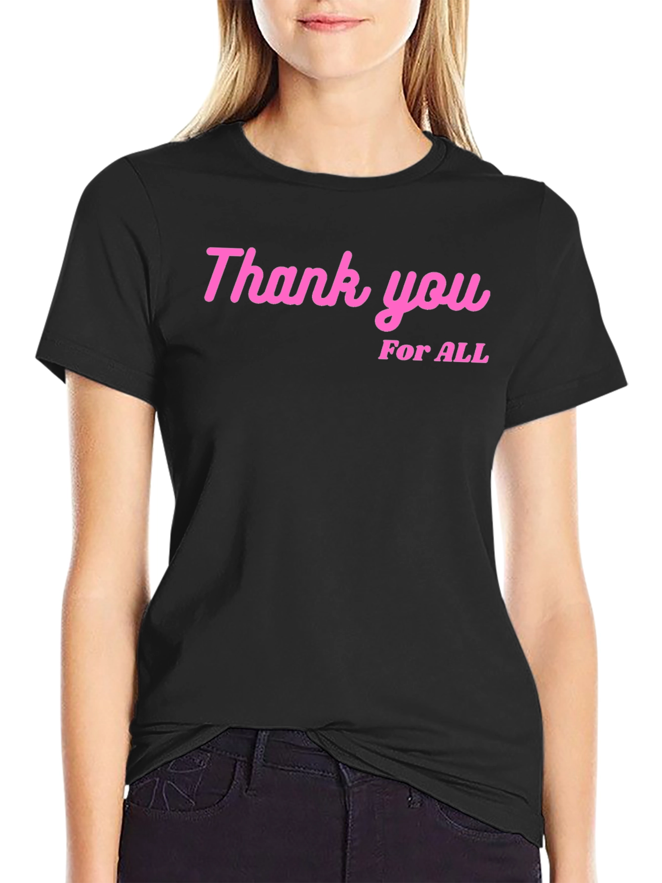Thank You For All Pink Print Black T-Shirt