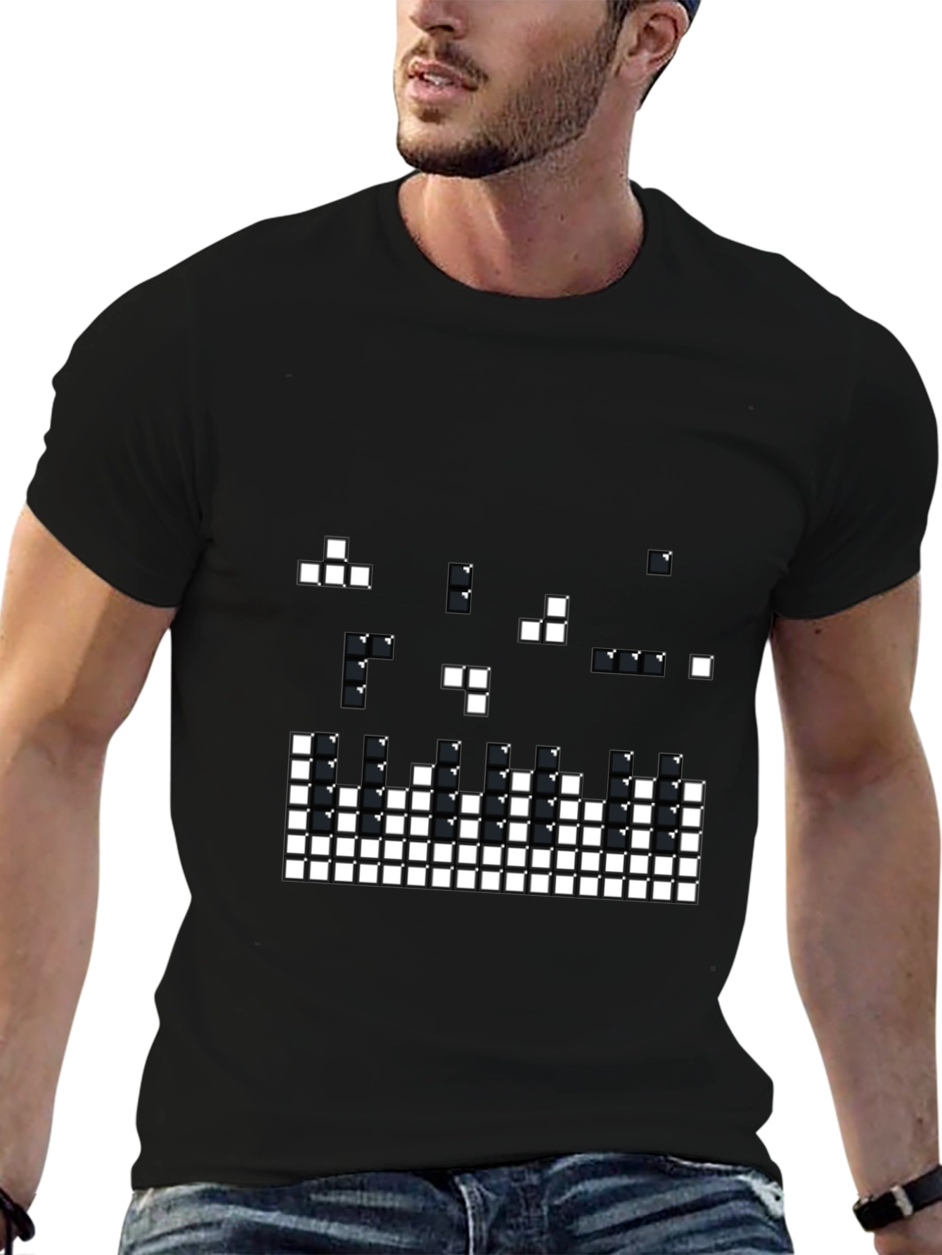 Tetris Pixel Art Black T-Shirt