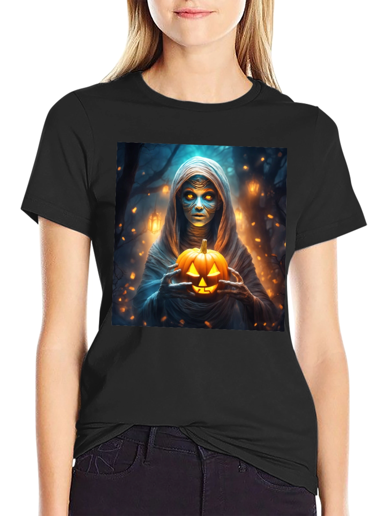 Halloween Mummy Holding Jack-o-Lantern T-Shirt