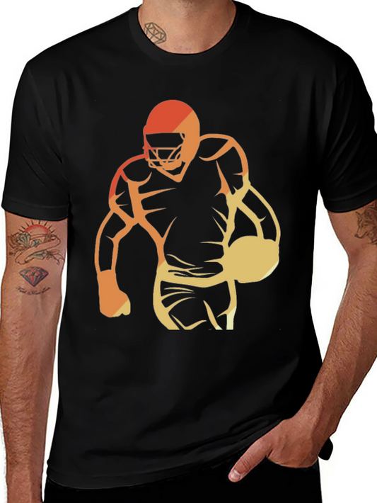 Retro Football Player Graphic Tee - Black Cotton Blend Shirt