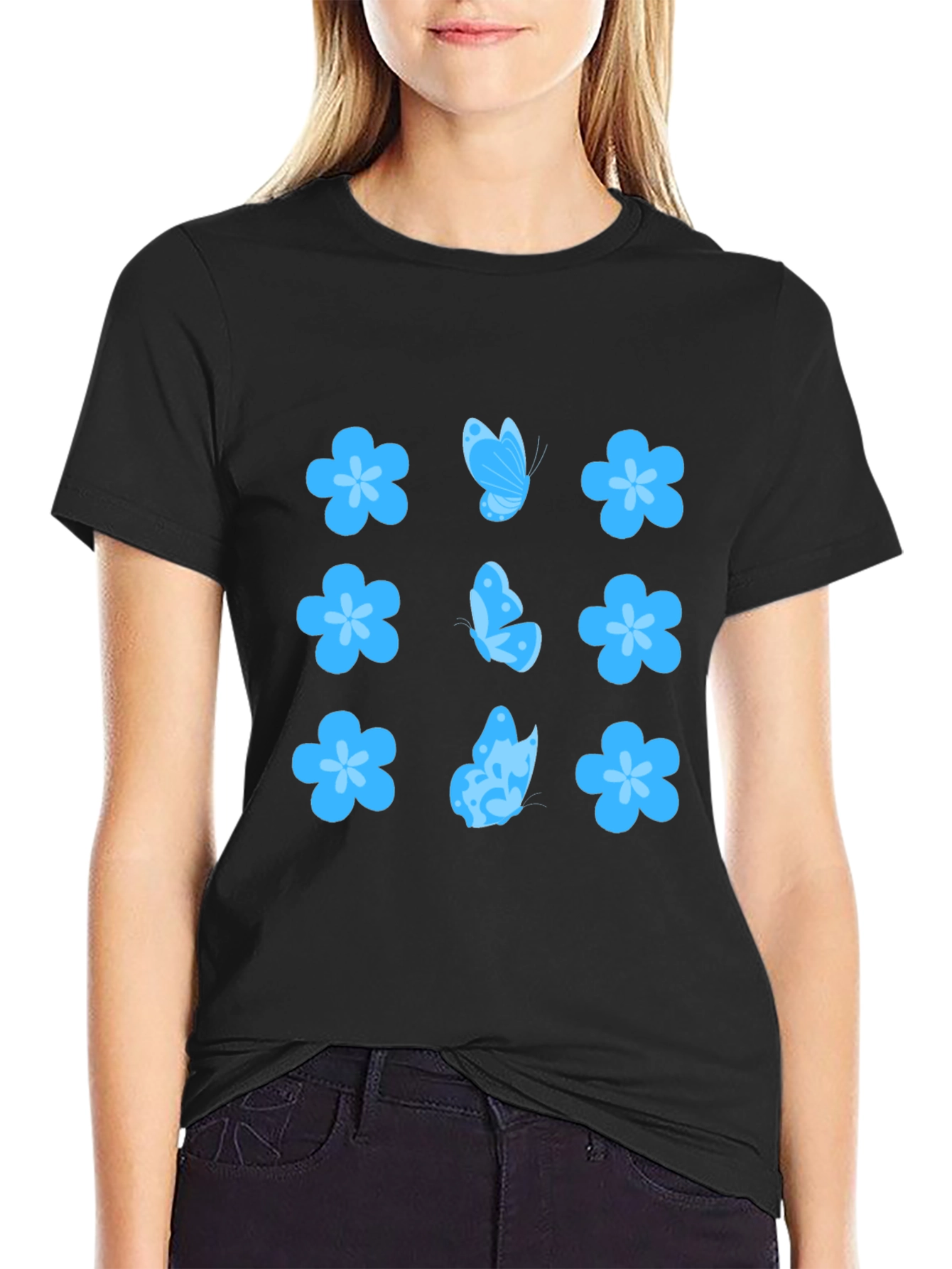 Floral & Butterfly Print Black T-Shirt