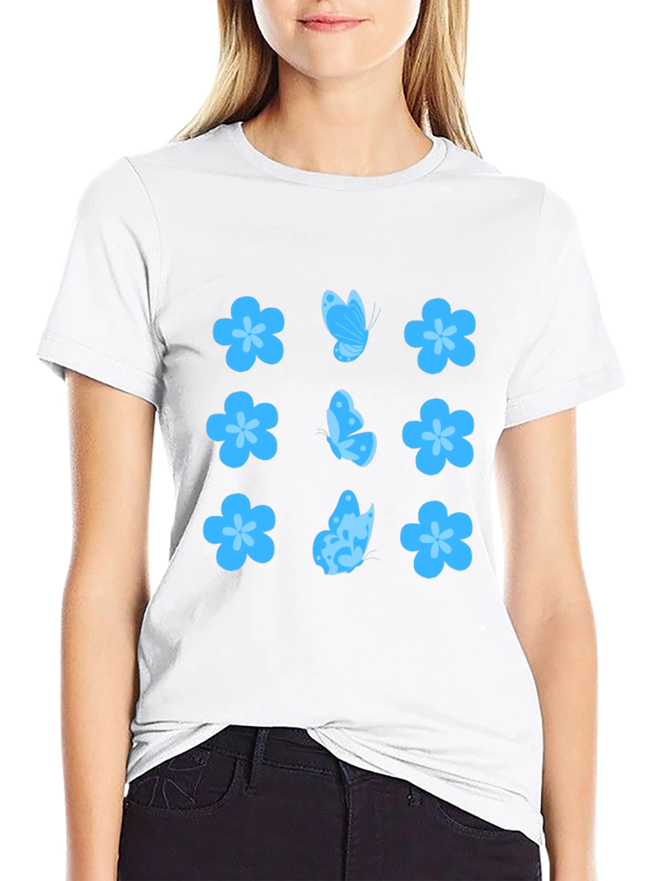 Floral & Butterfly Print Black T-Shirt