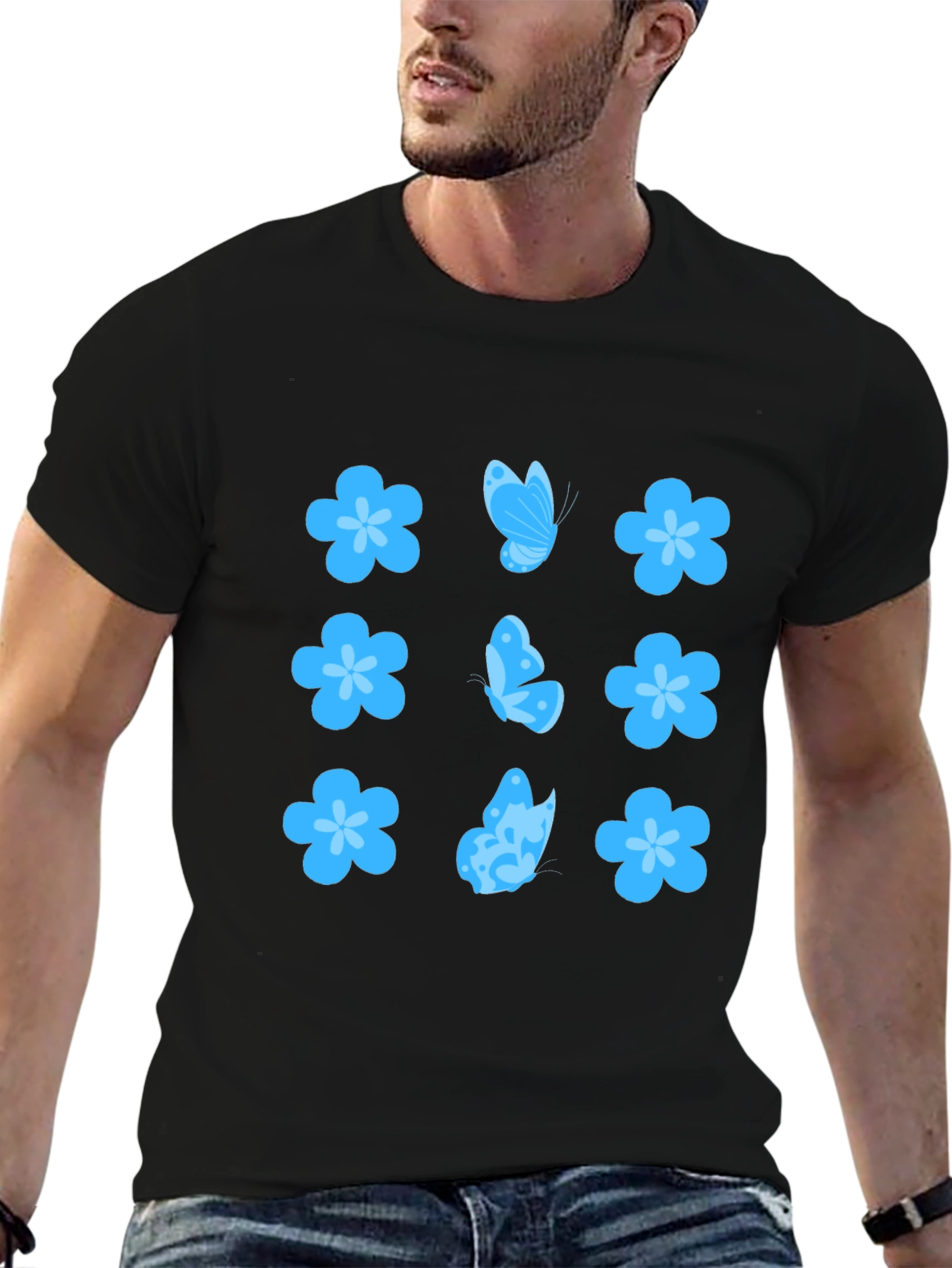 Floral & Butterfly Print Black T-Shirt