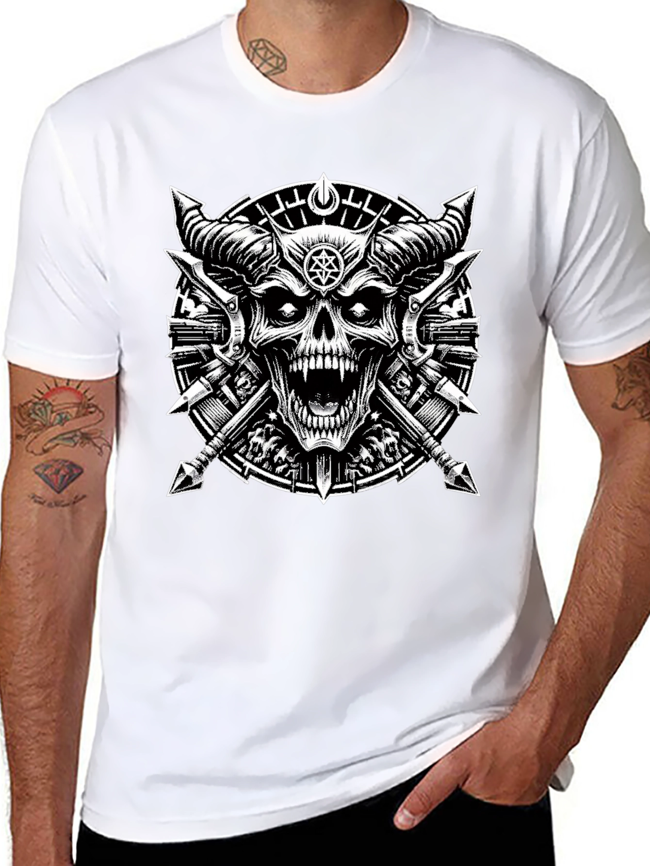 Black Graphic Tee - Skull & Cross Spears Design