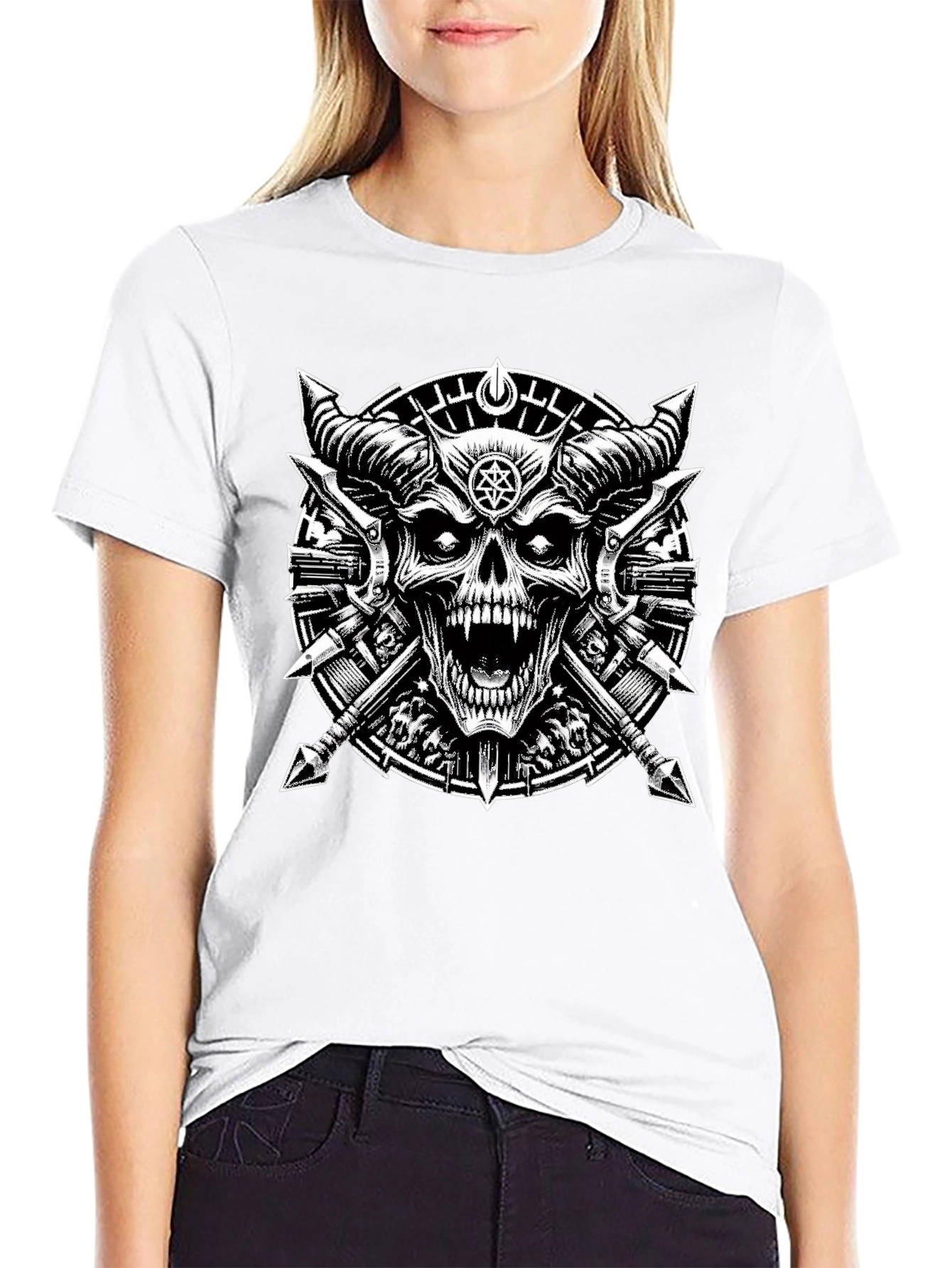 Black Graphic Tee - Skull & Cross Spears Design