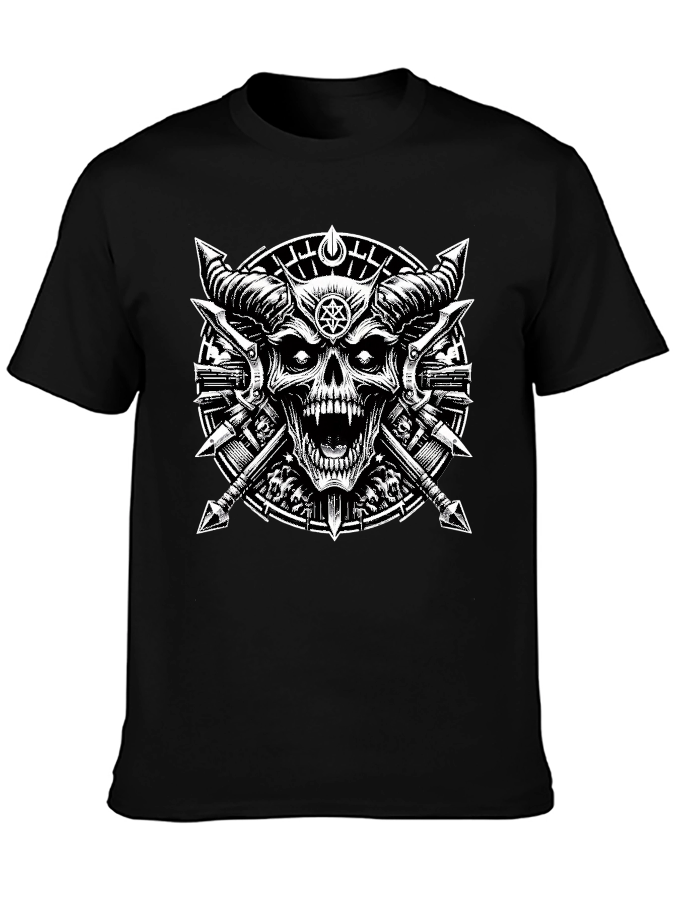 Black Graphic Tee - Skull & Cross Spears Design