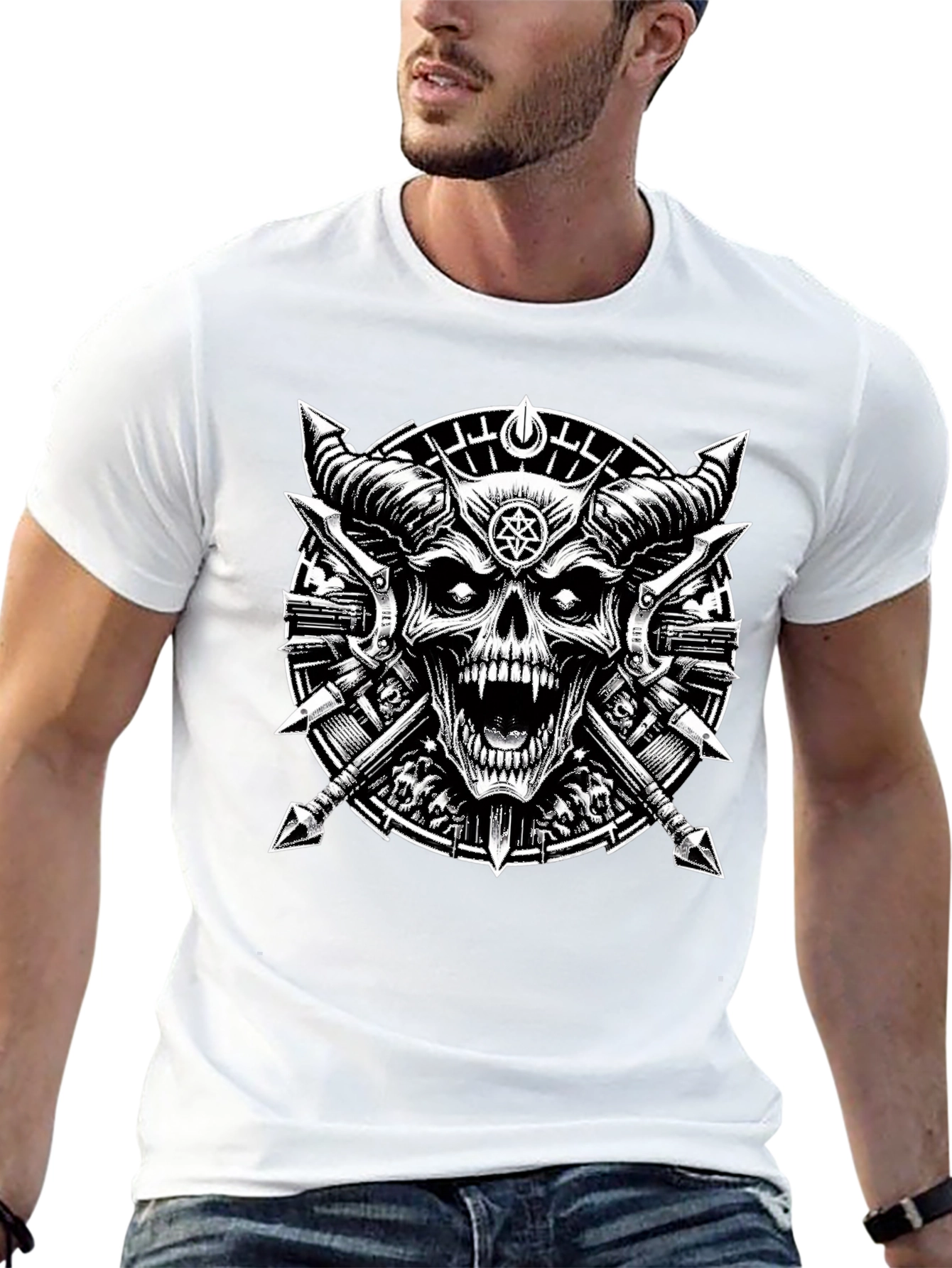 Black Graphic Tee - Skull & Cross Spears Design