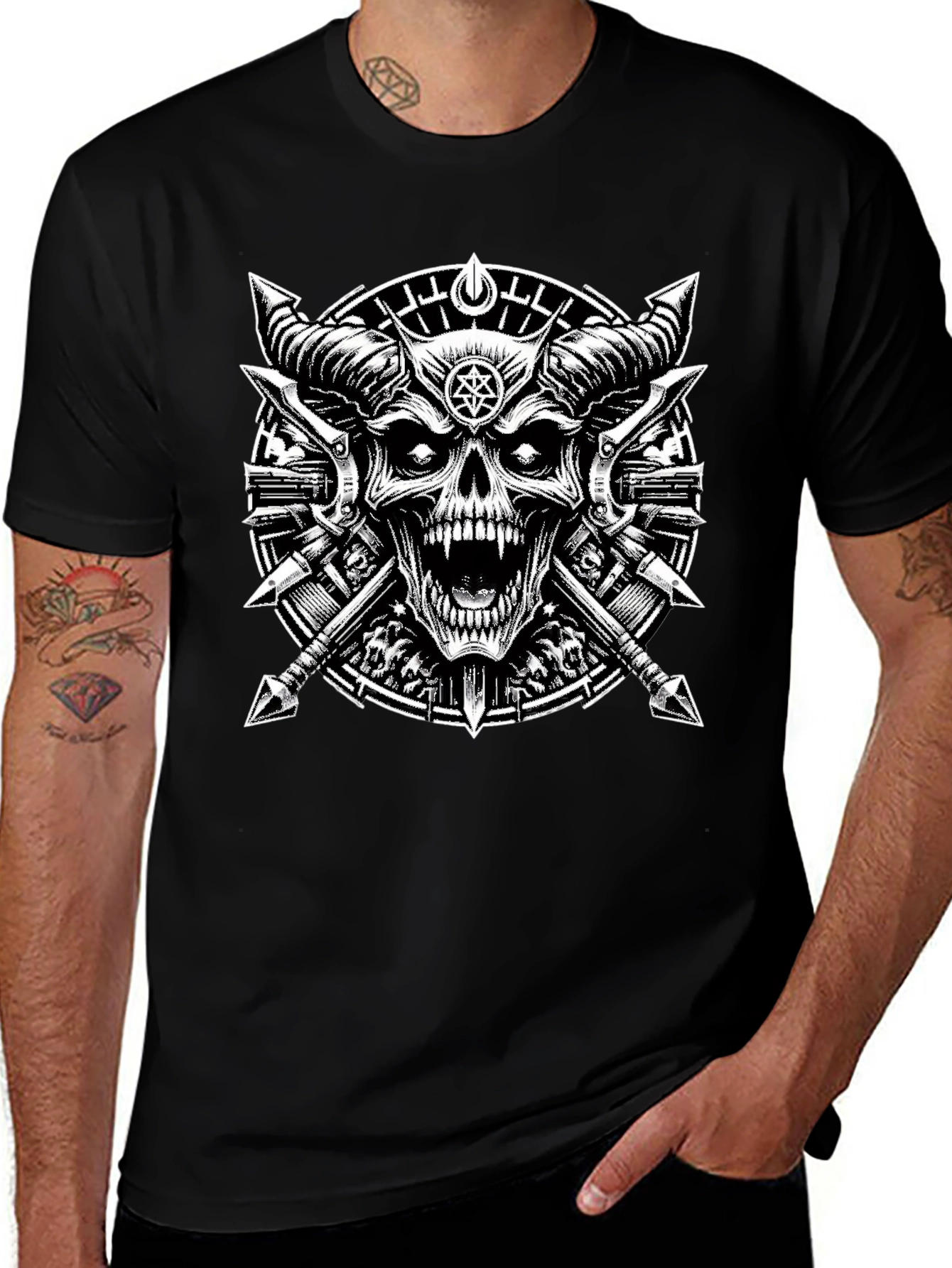 Black Graphic Tee - Skull & Cross Spears Design