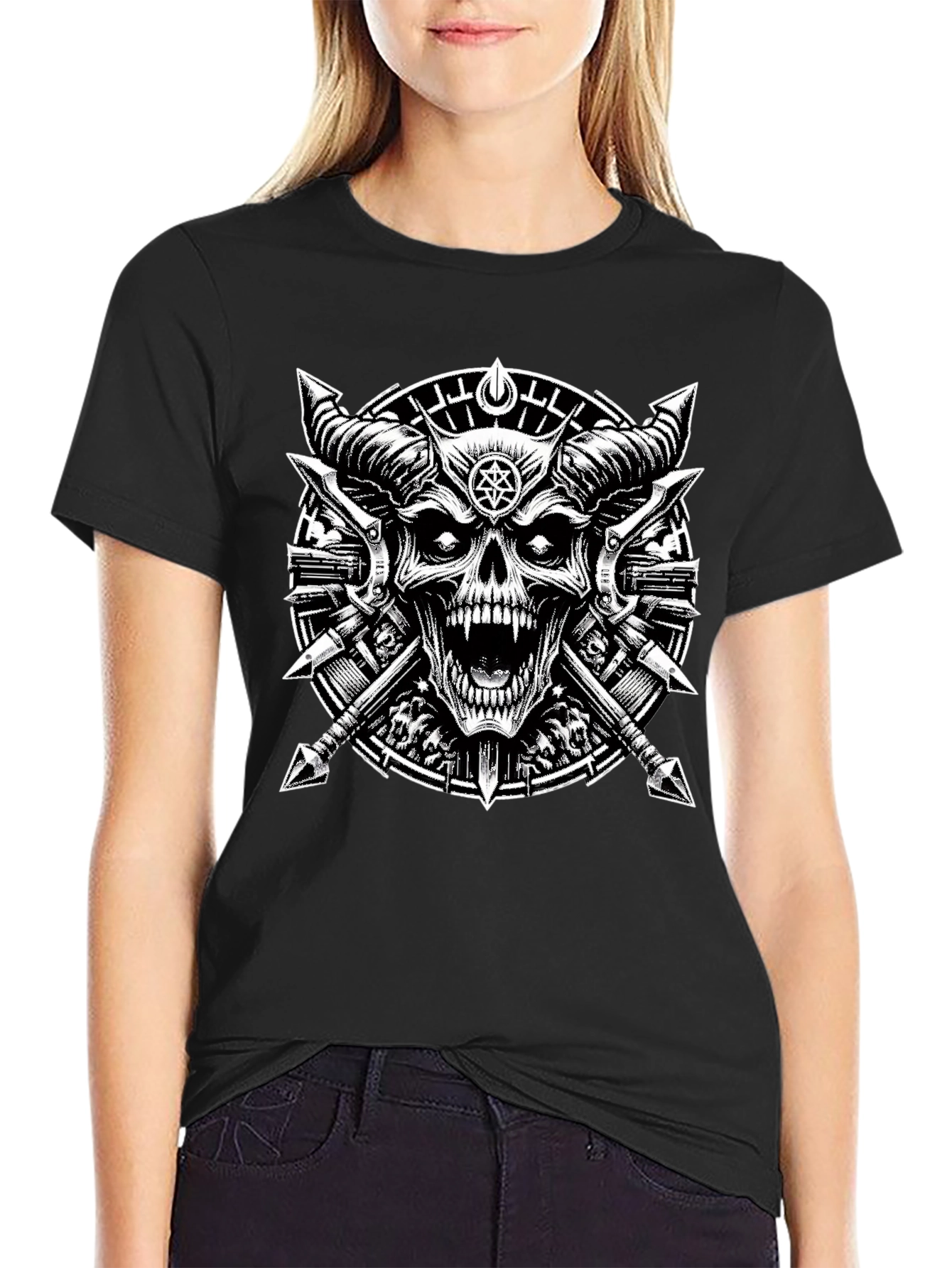 Black Graphic Tee - Skull & Cross Spears Design