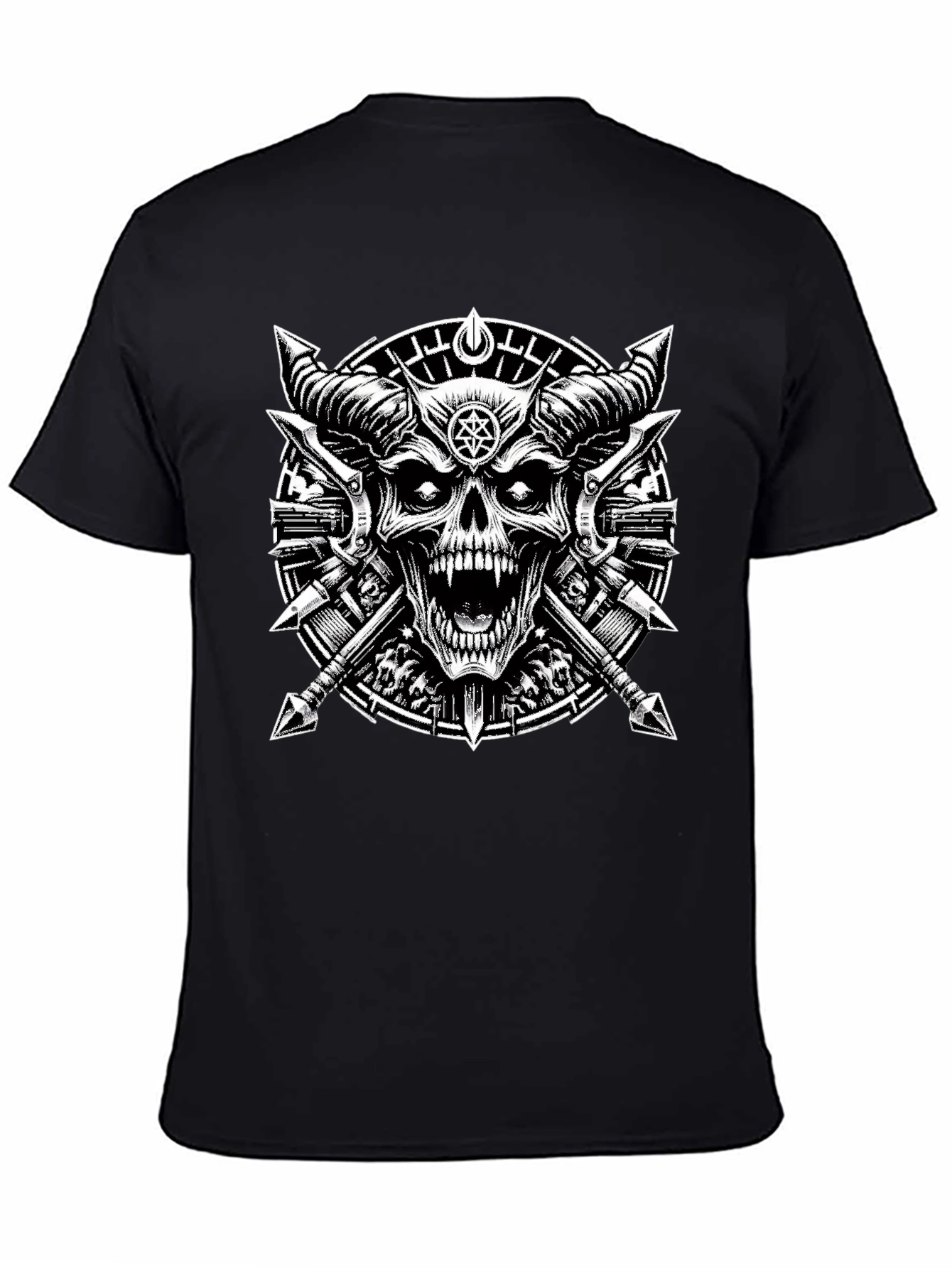 Black Graphic Tee - Skull & Cross Spears Design