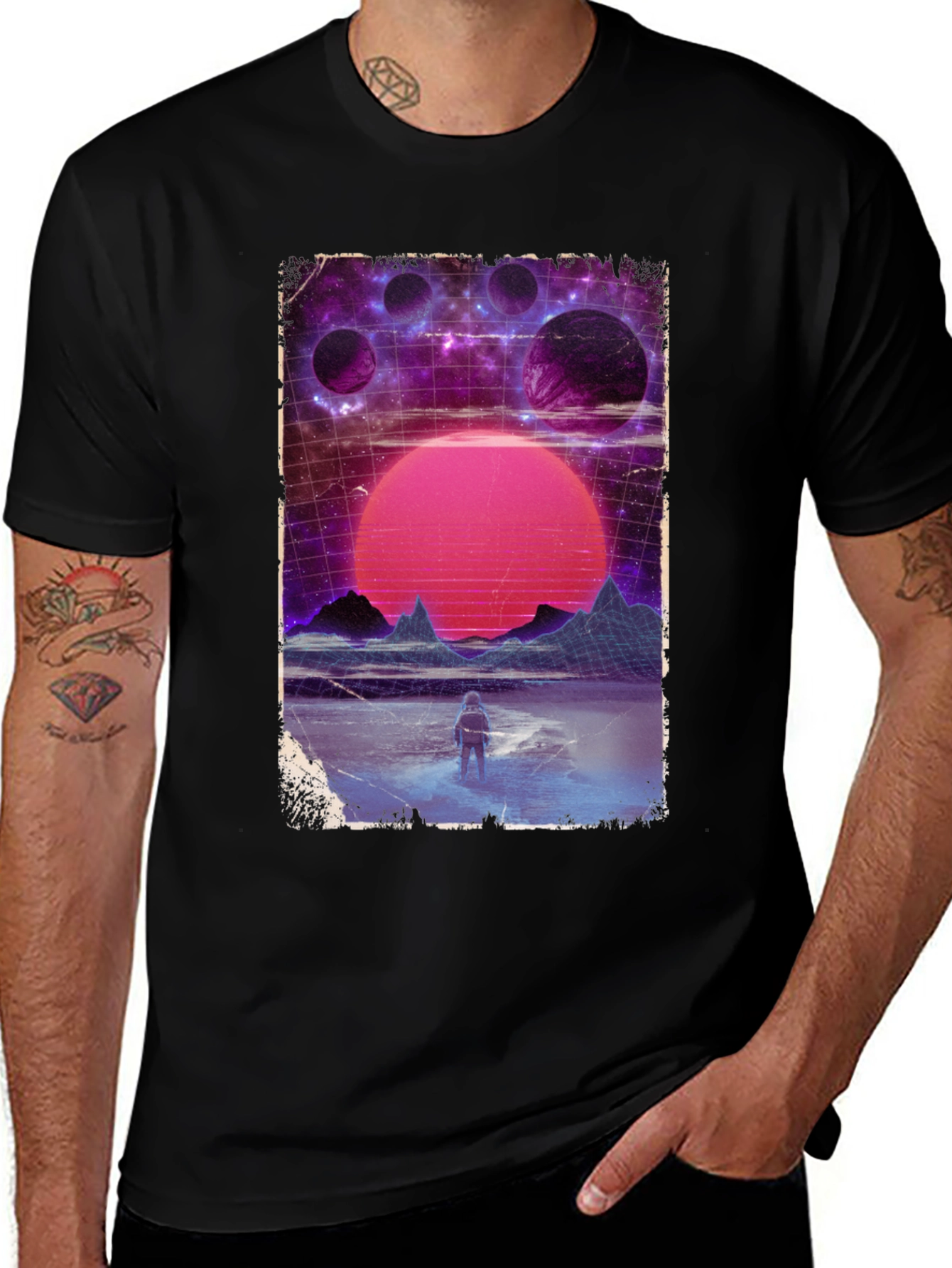 Retro Space Print Black T-Shirt