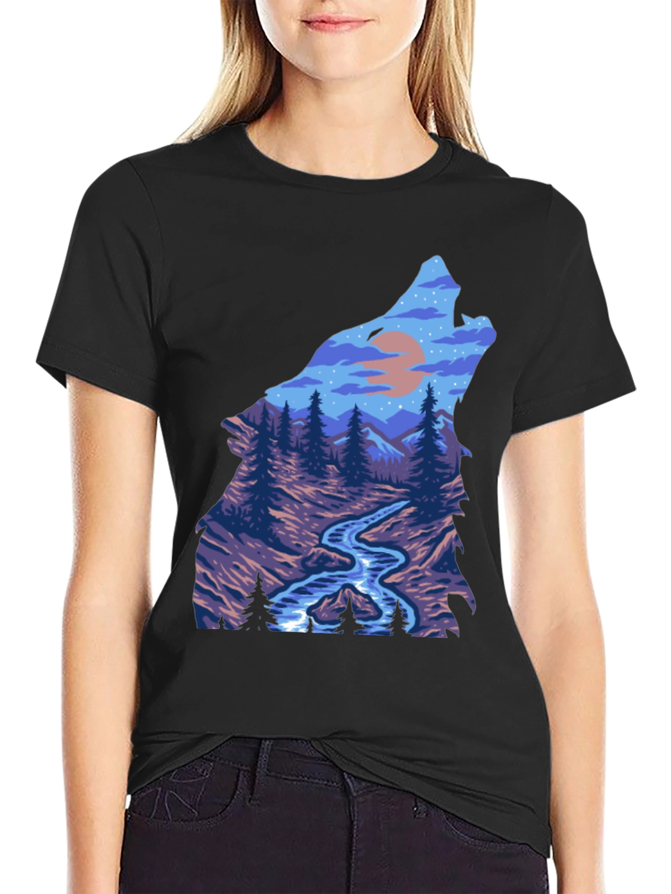 Wolf Nature Graphic Black T-Shirt