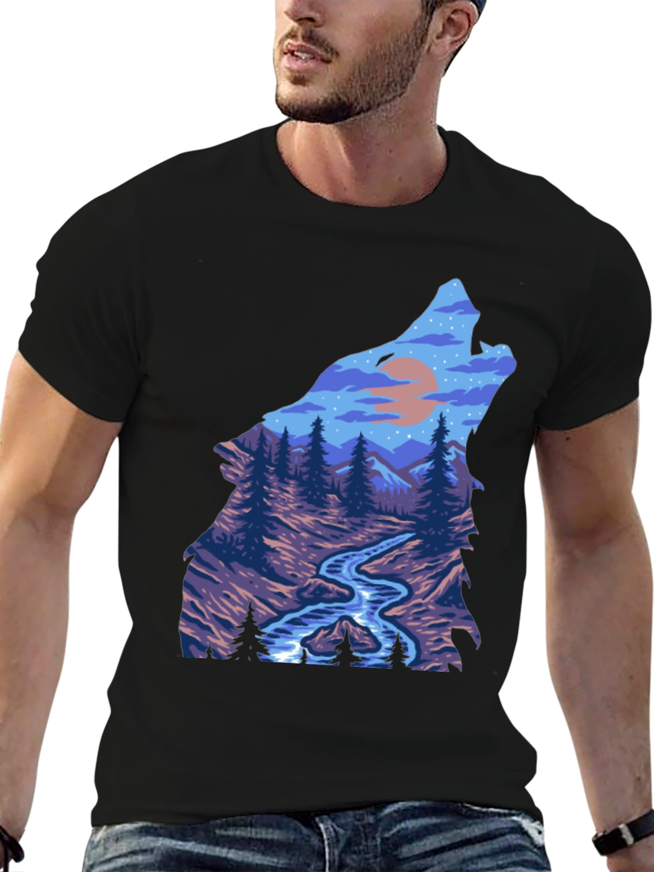 Wolf Nature Graphic Black T-Shirt