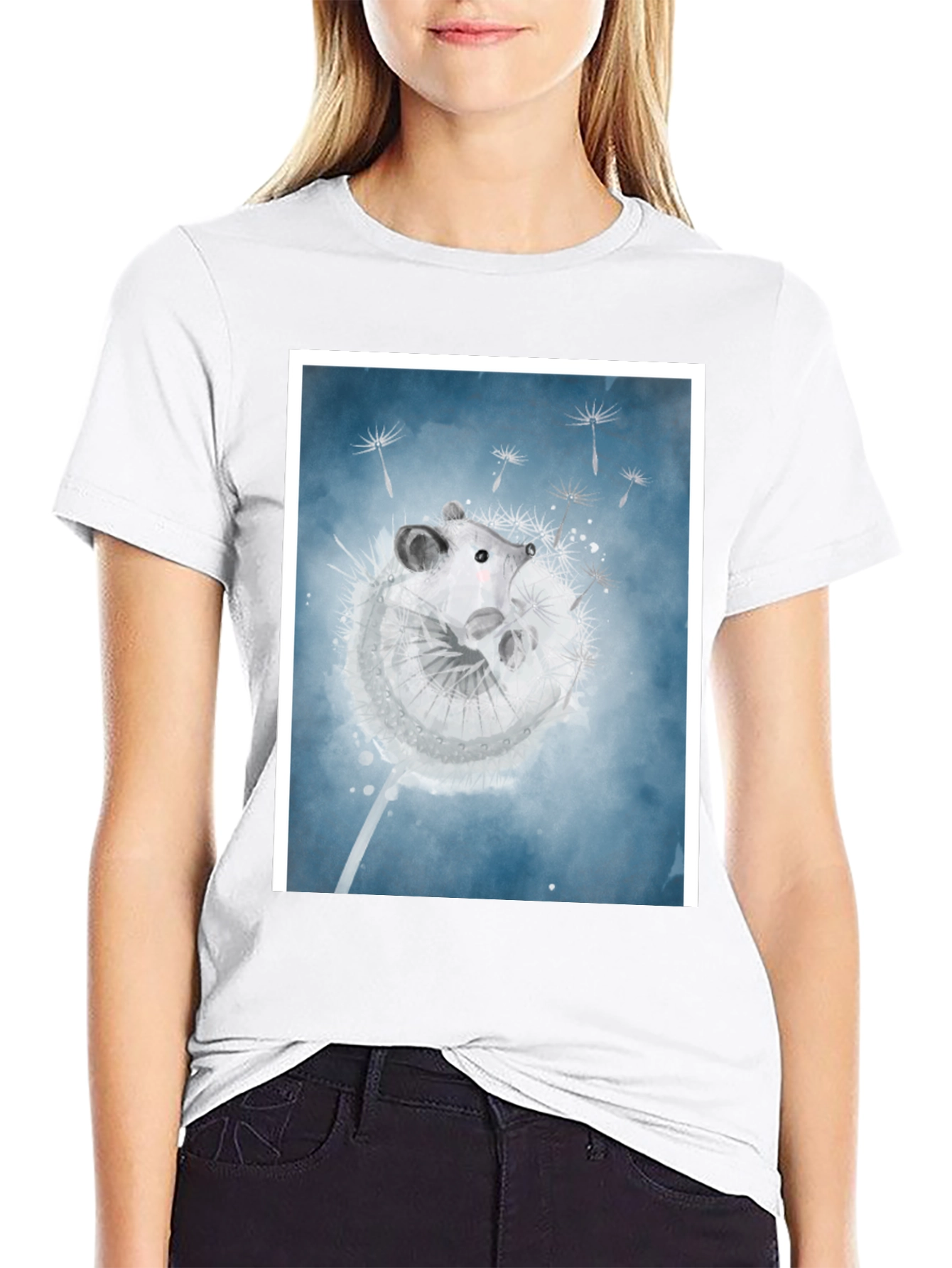 Mouse Dandelion Print Black T-Shirt