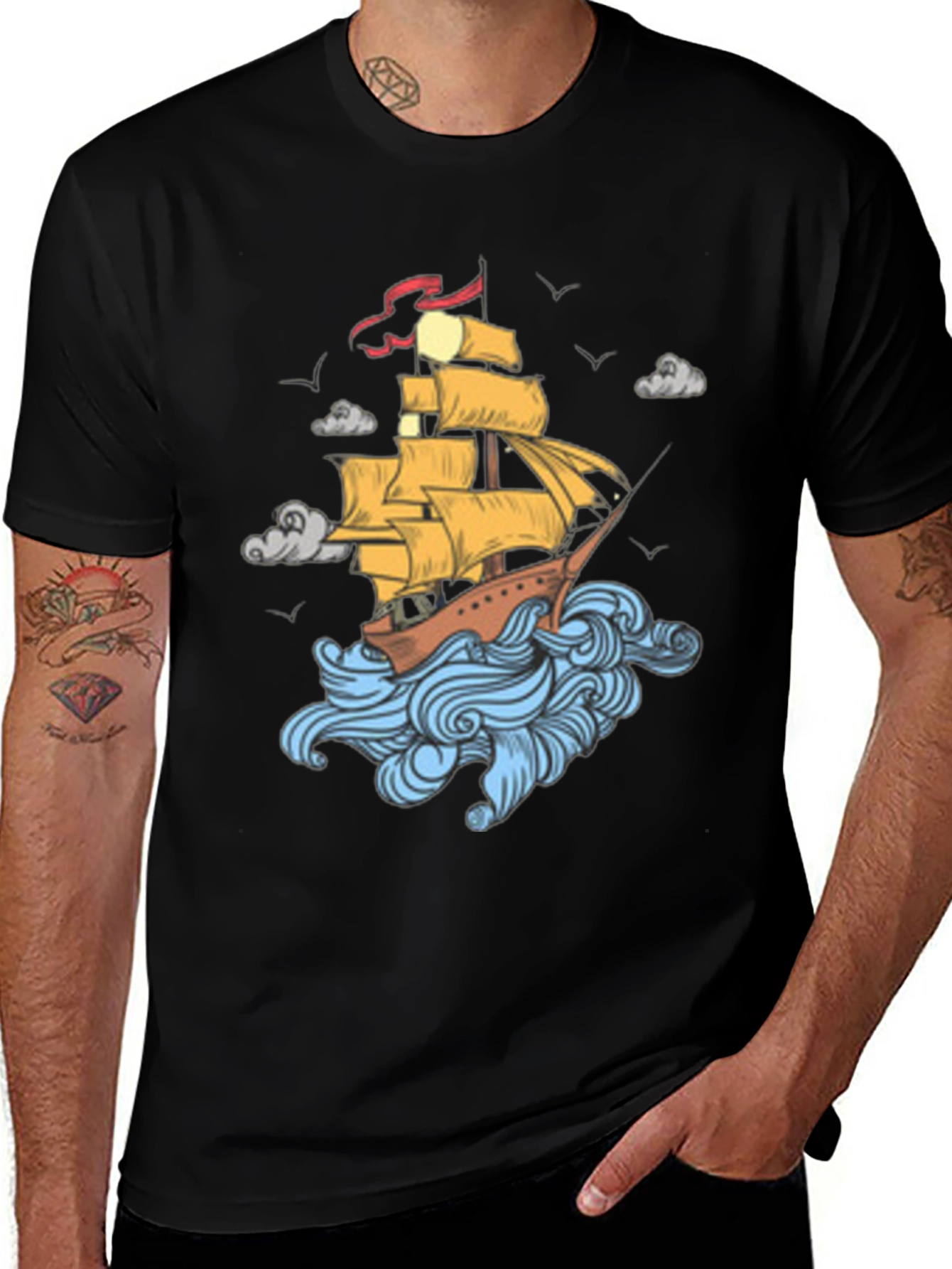 Nautical Ship Graphic Print Black T-Shirt