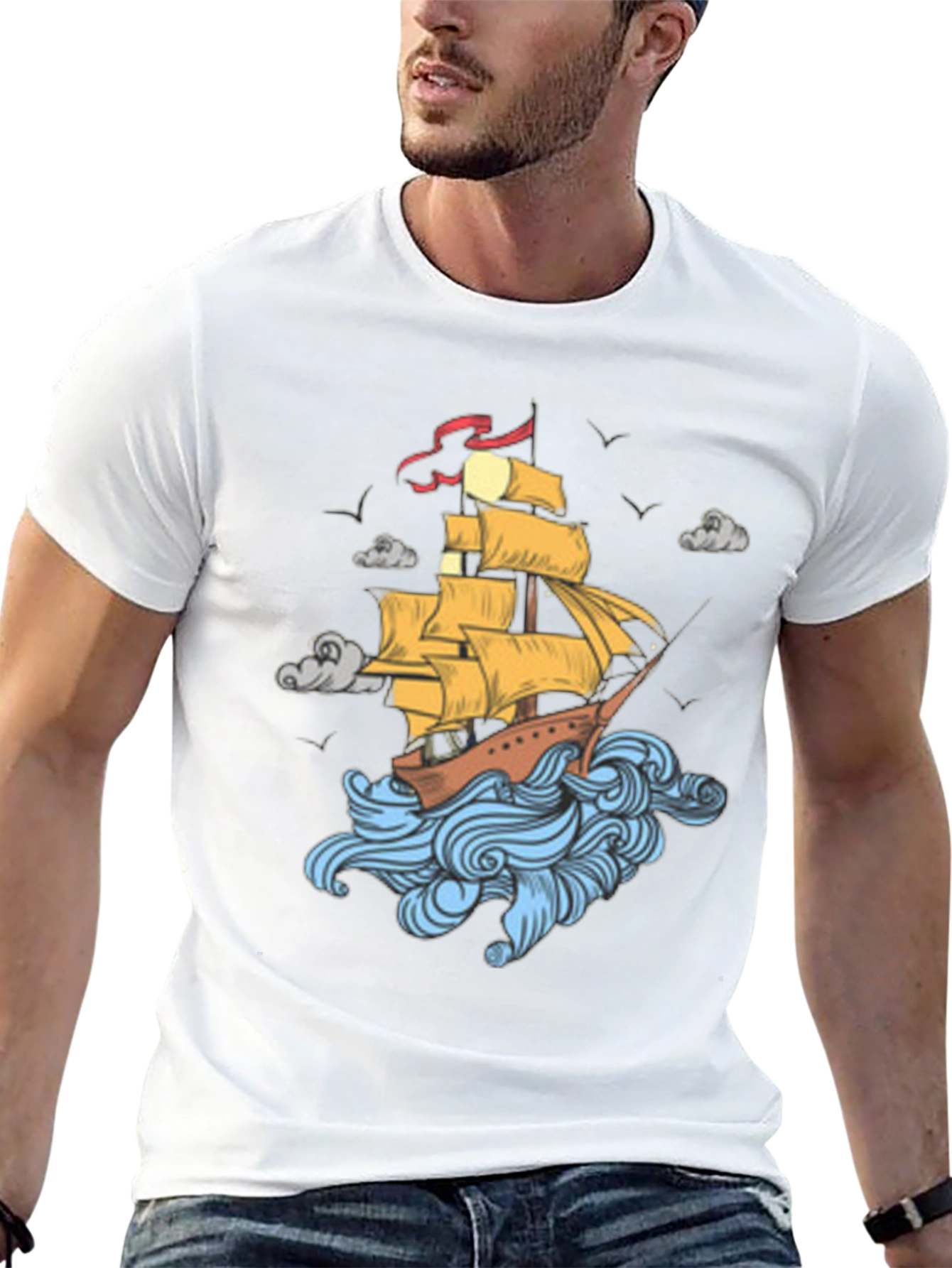 Nautical Ship Graphic Print Black T-Shirt