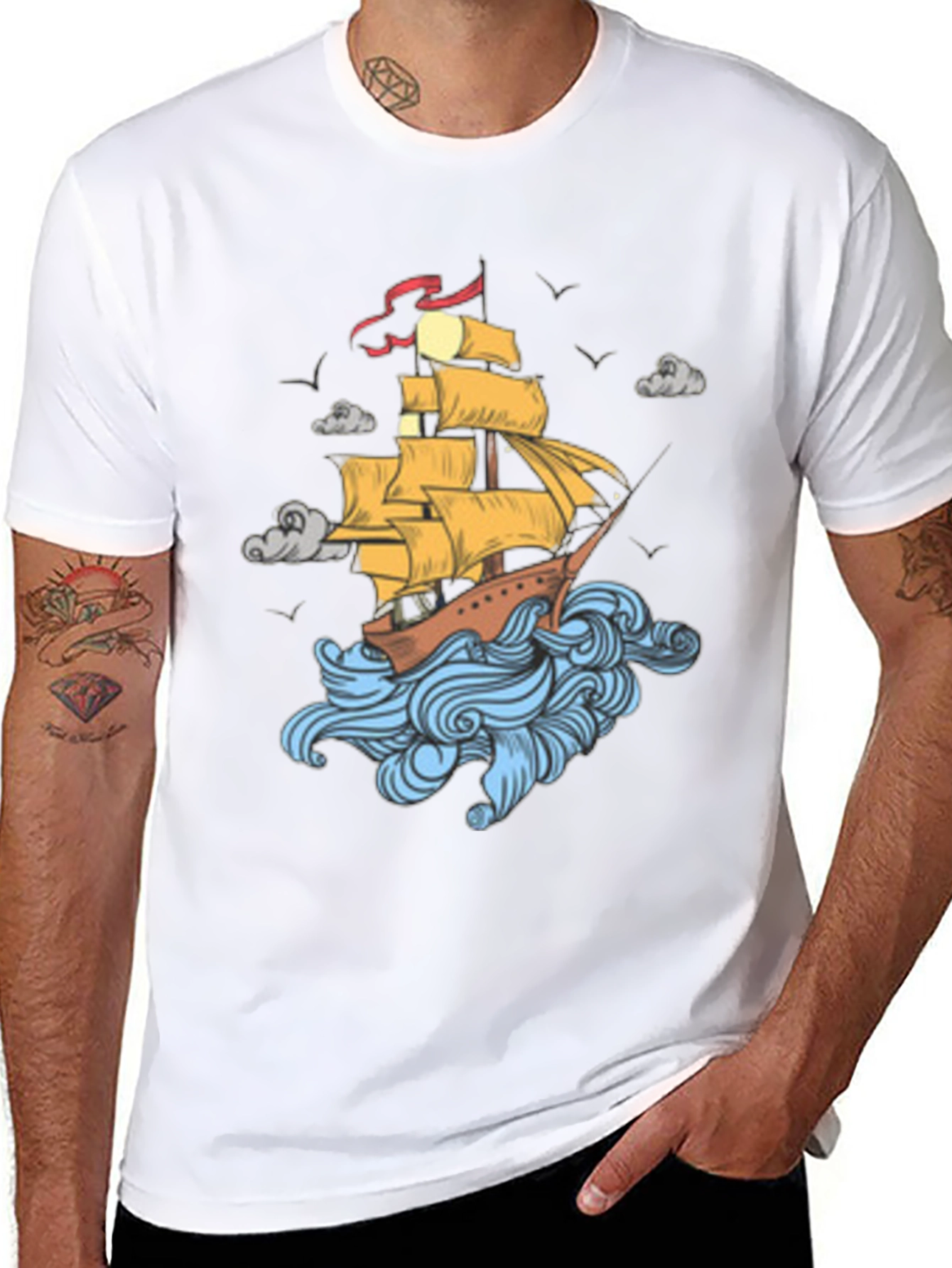 Nautical Ship Graphic Print Black T-Shirt
