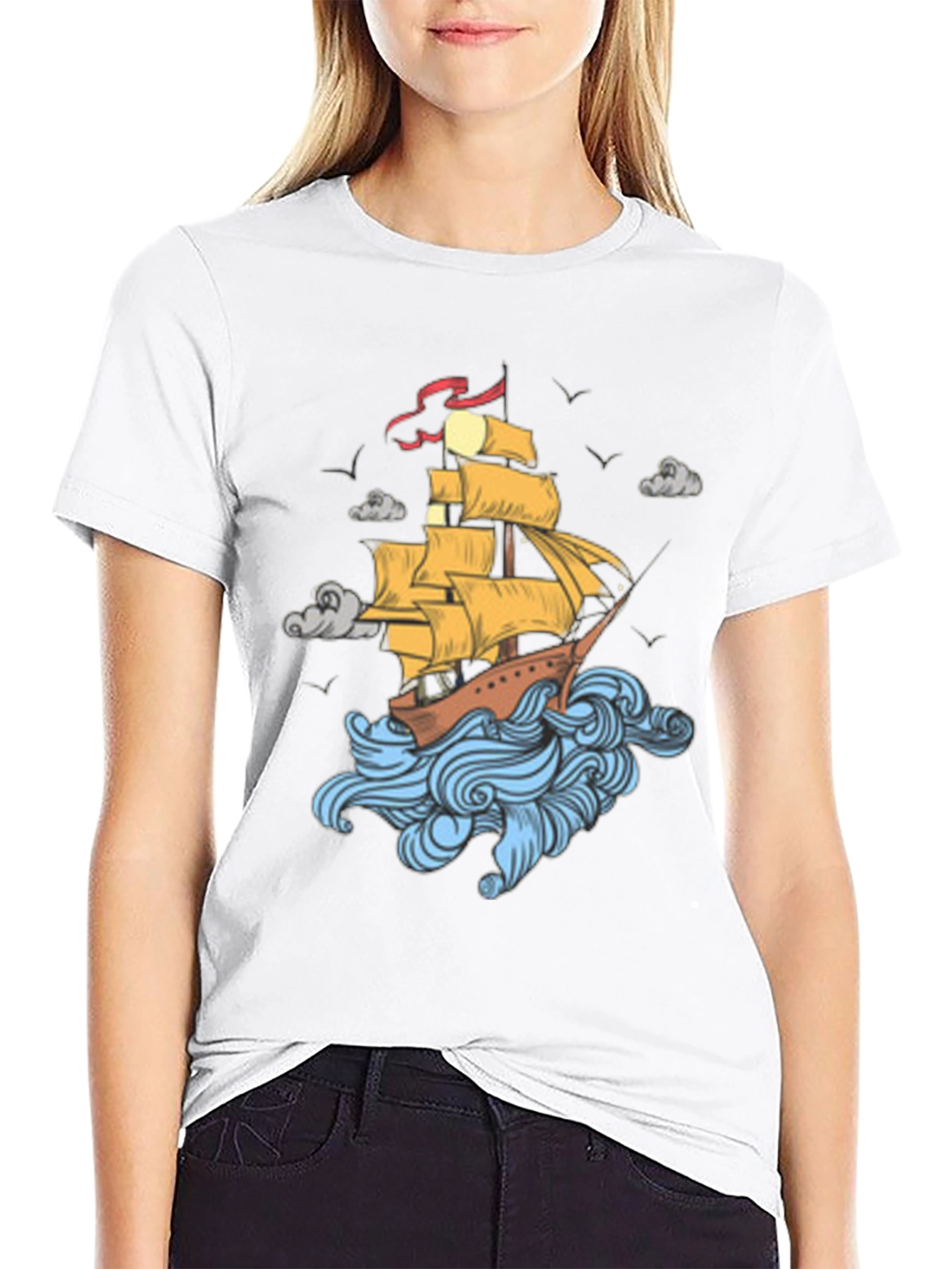 Nautical Ship Graphic Print Black T-Shirt