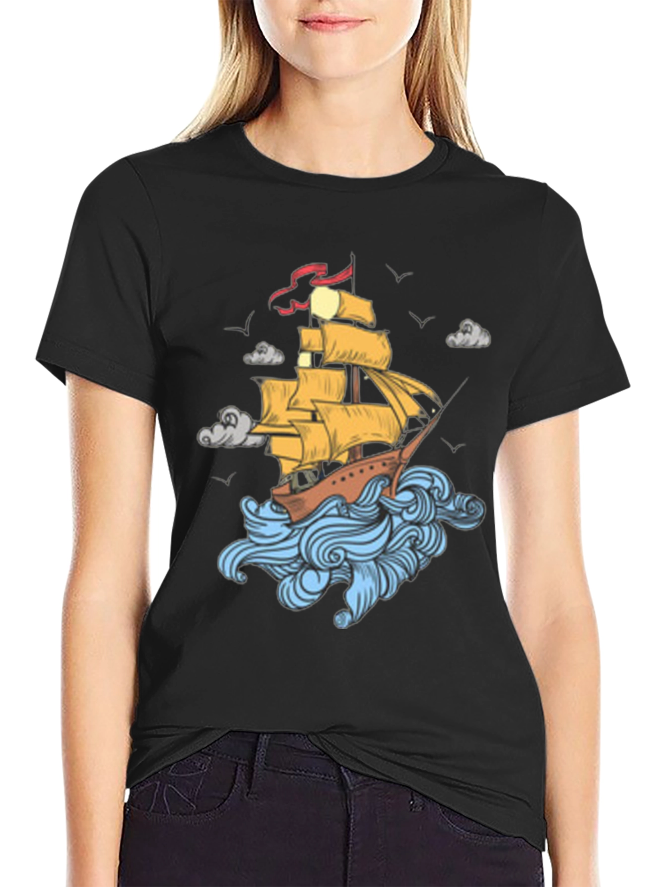 Nautical Ship Graphic Print Black T-Shirt