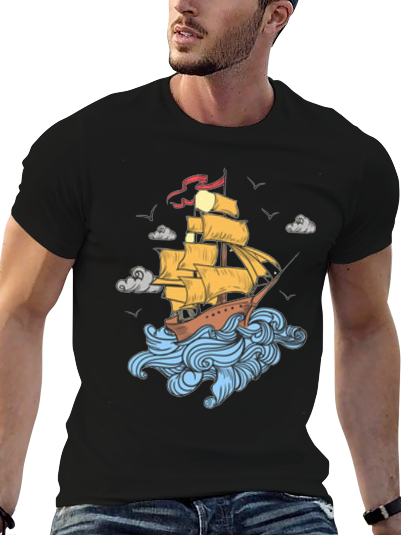 Nautical Ship Graphic Print Black T-Shirt