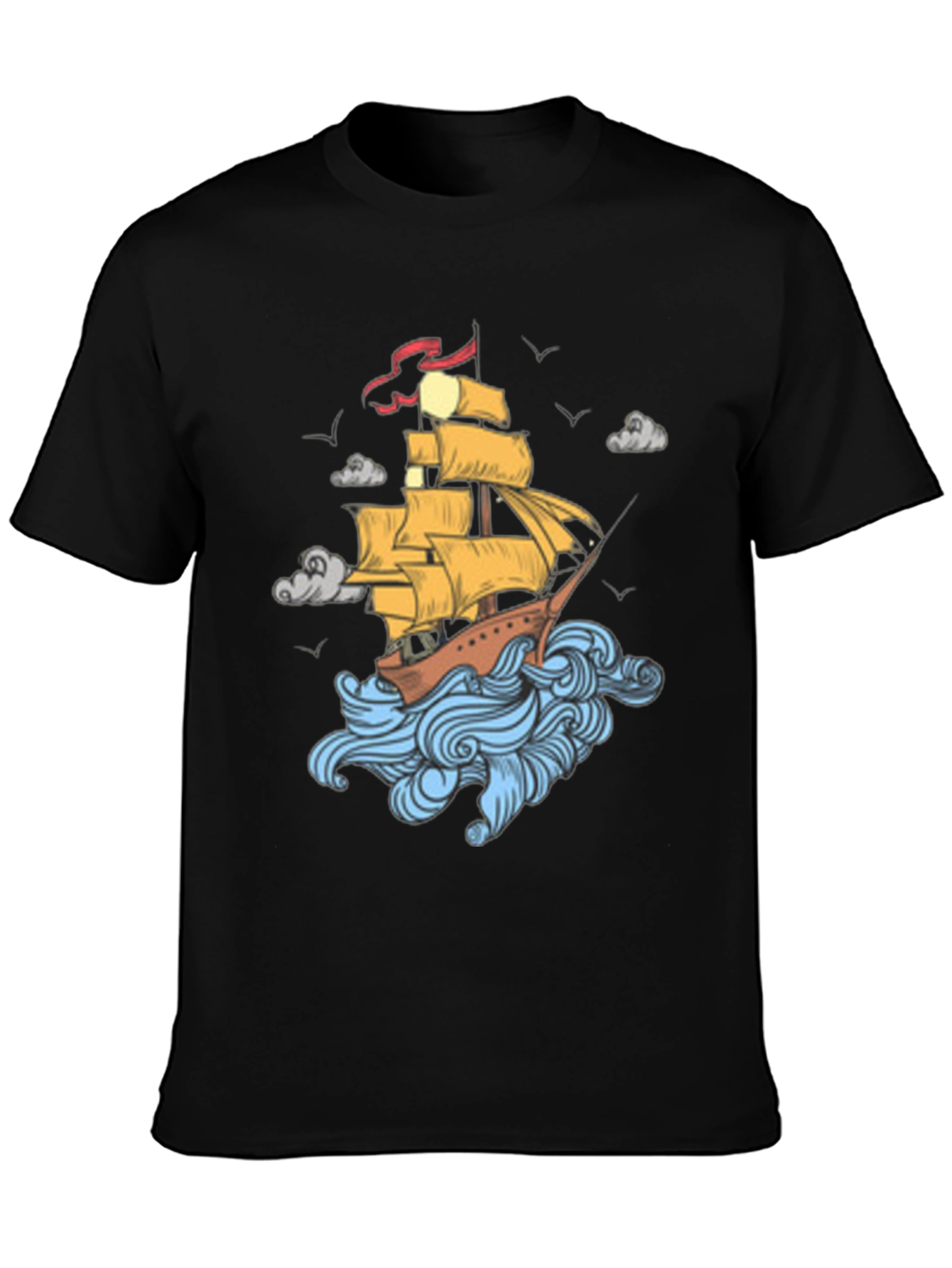 Nautical Ship Graphic Print Black T-Shirt