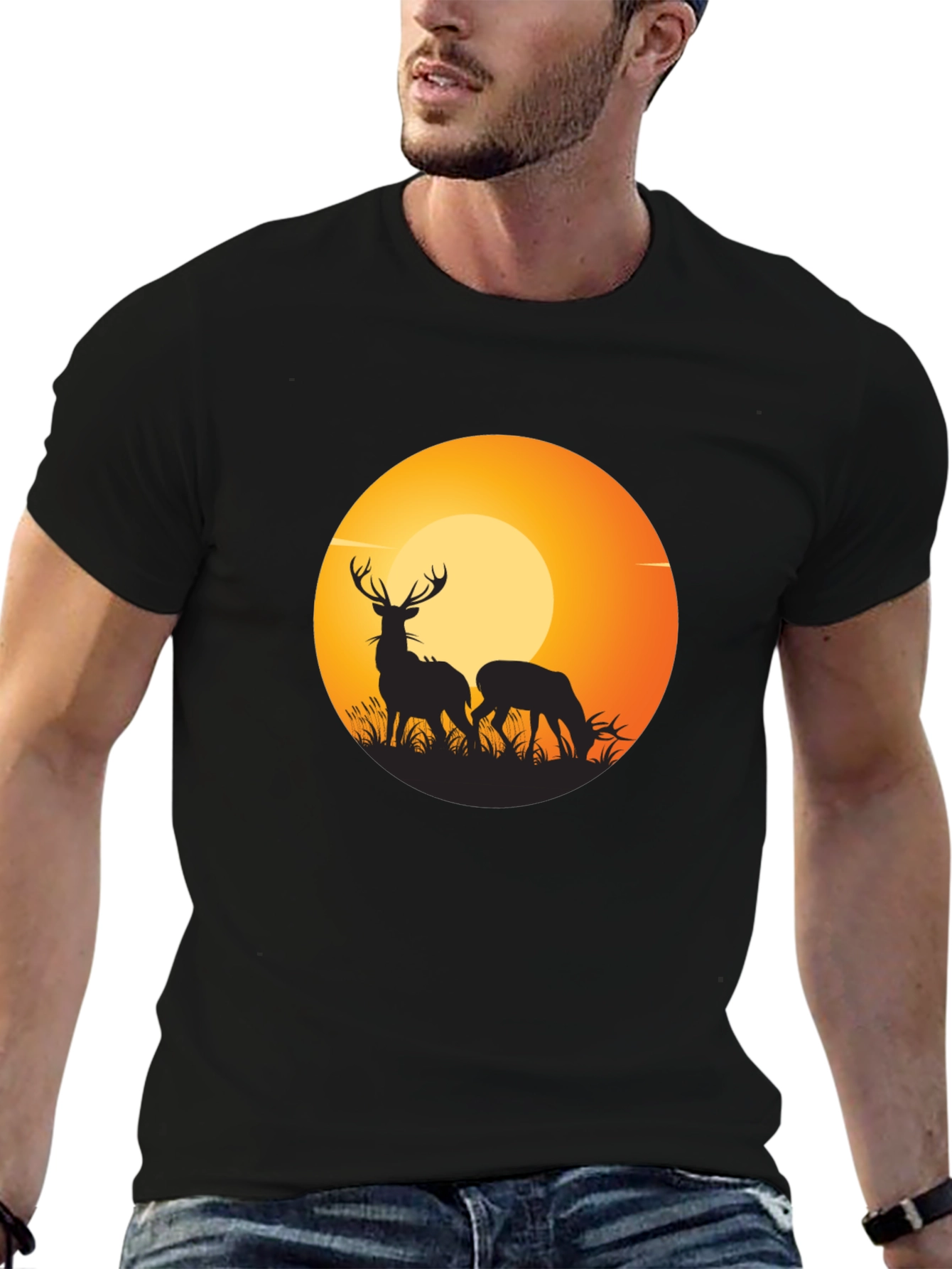 Deer Silhouette Graphic Black T-Shirt