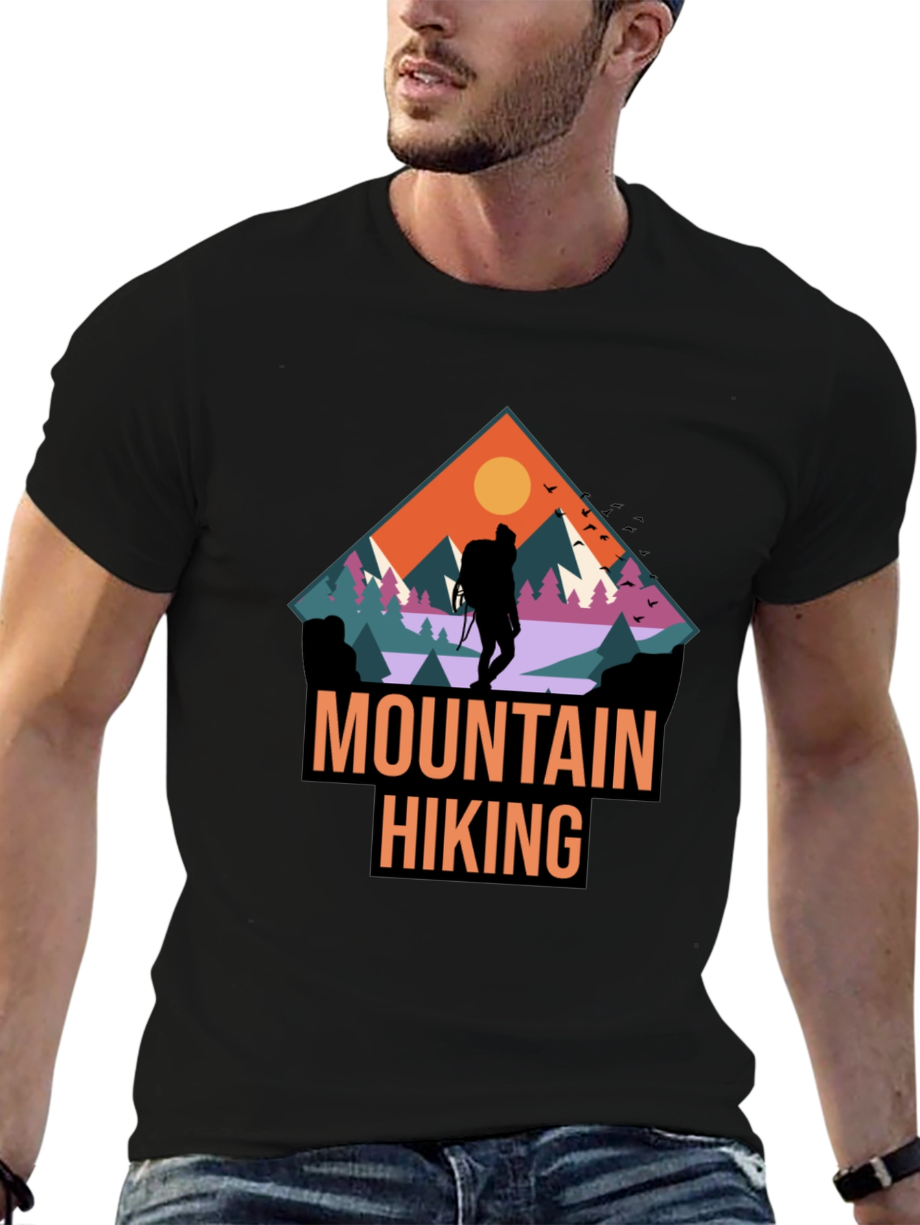 Mountain Hiking Graphic Print Black T-Shirt