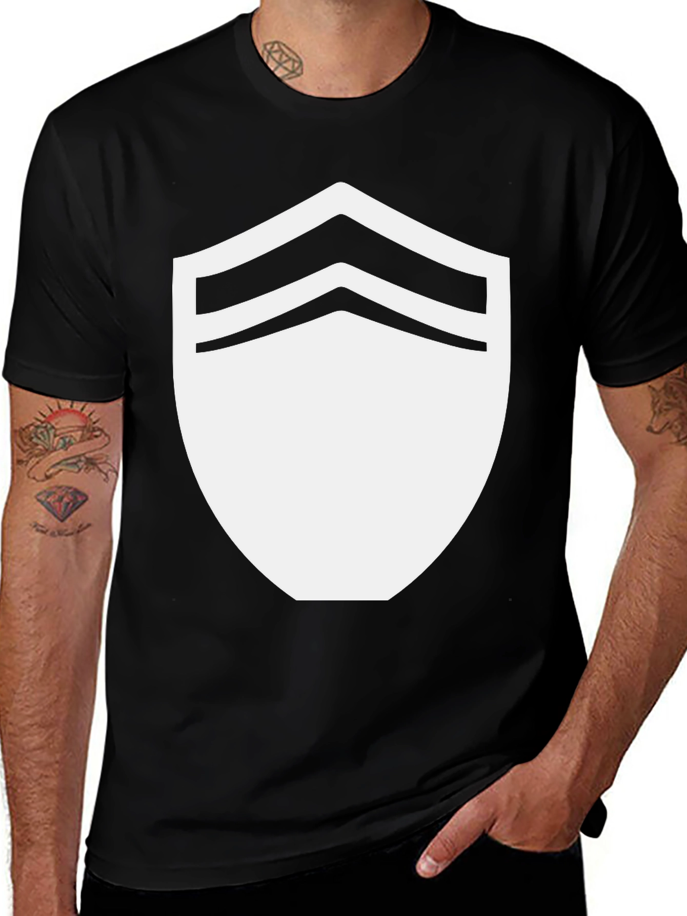 Black T-Shirt with White Chevron Shield Graphic
