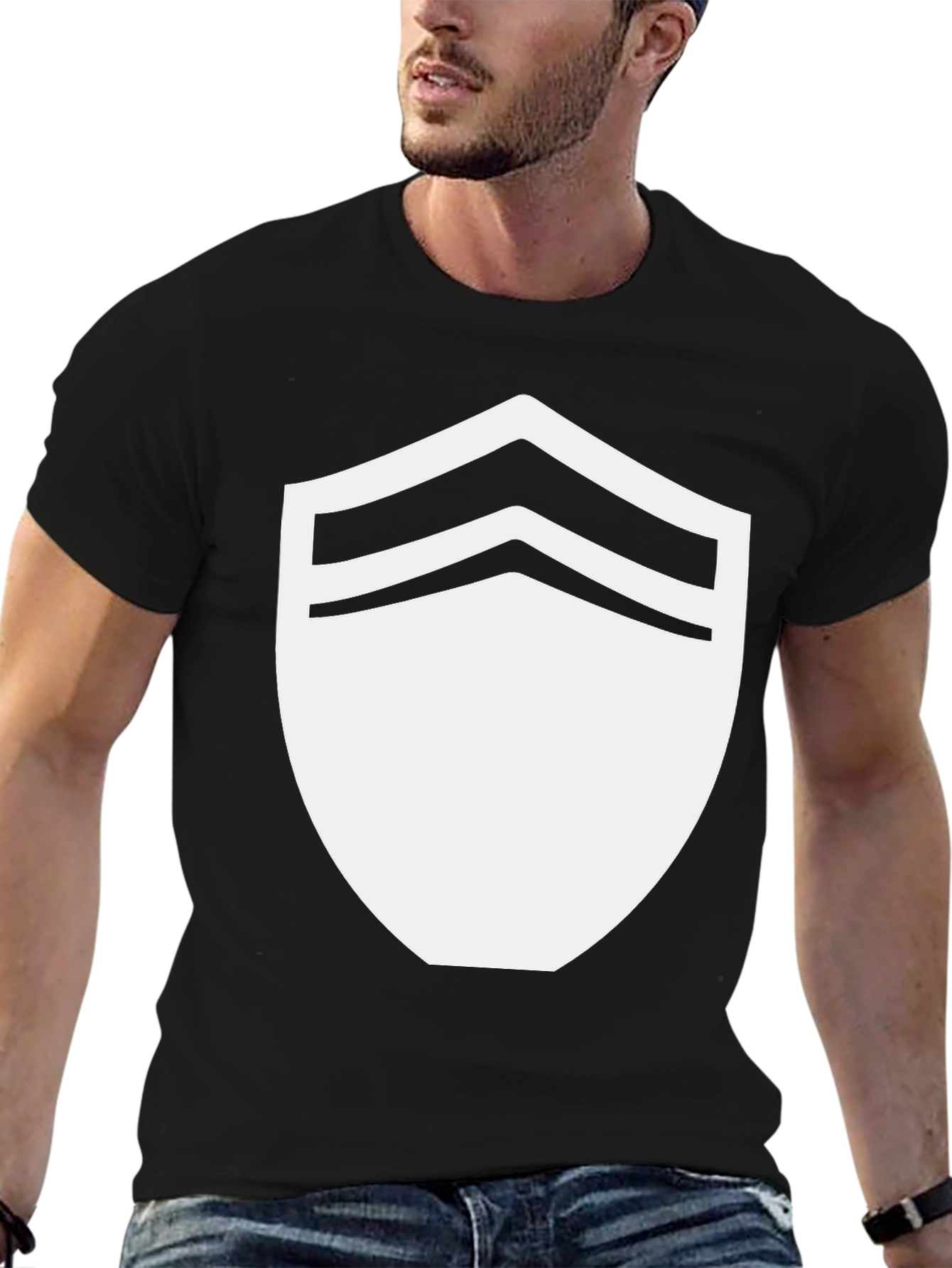 Black T-Shirt with White Chevron Shield Graphic