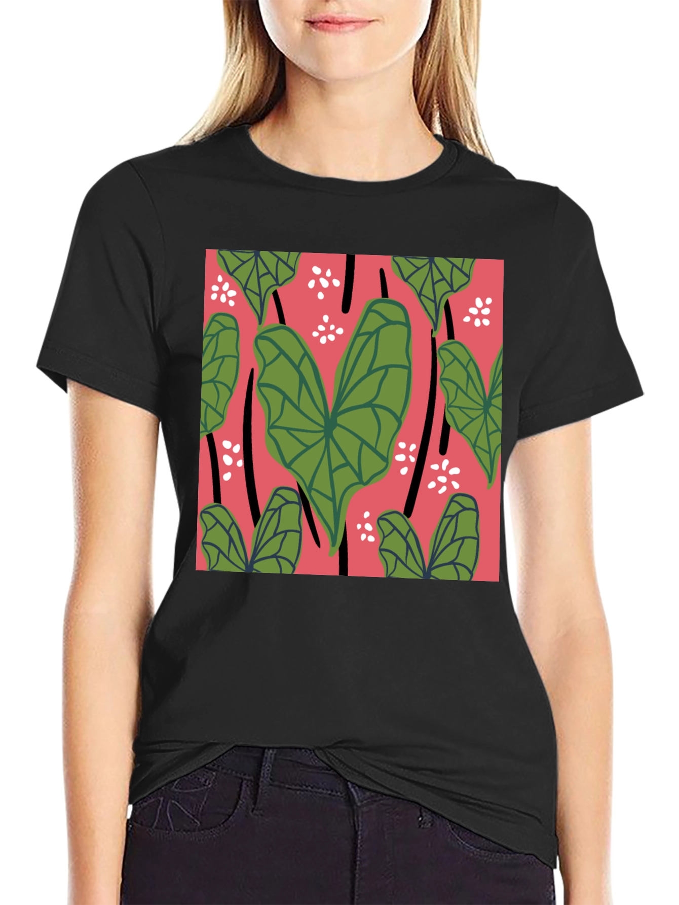 Tropical Leaves Graphic Tee - Black Cotton Shirt